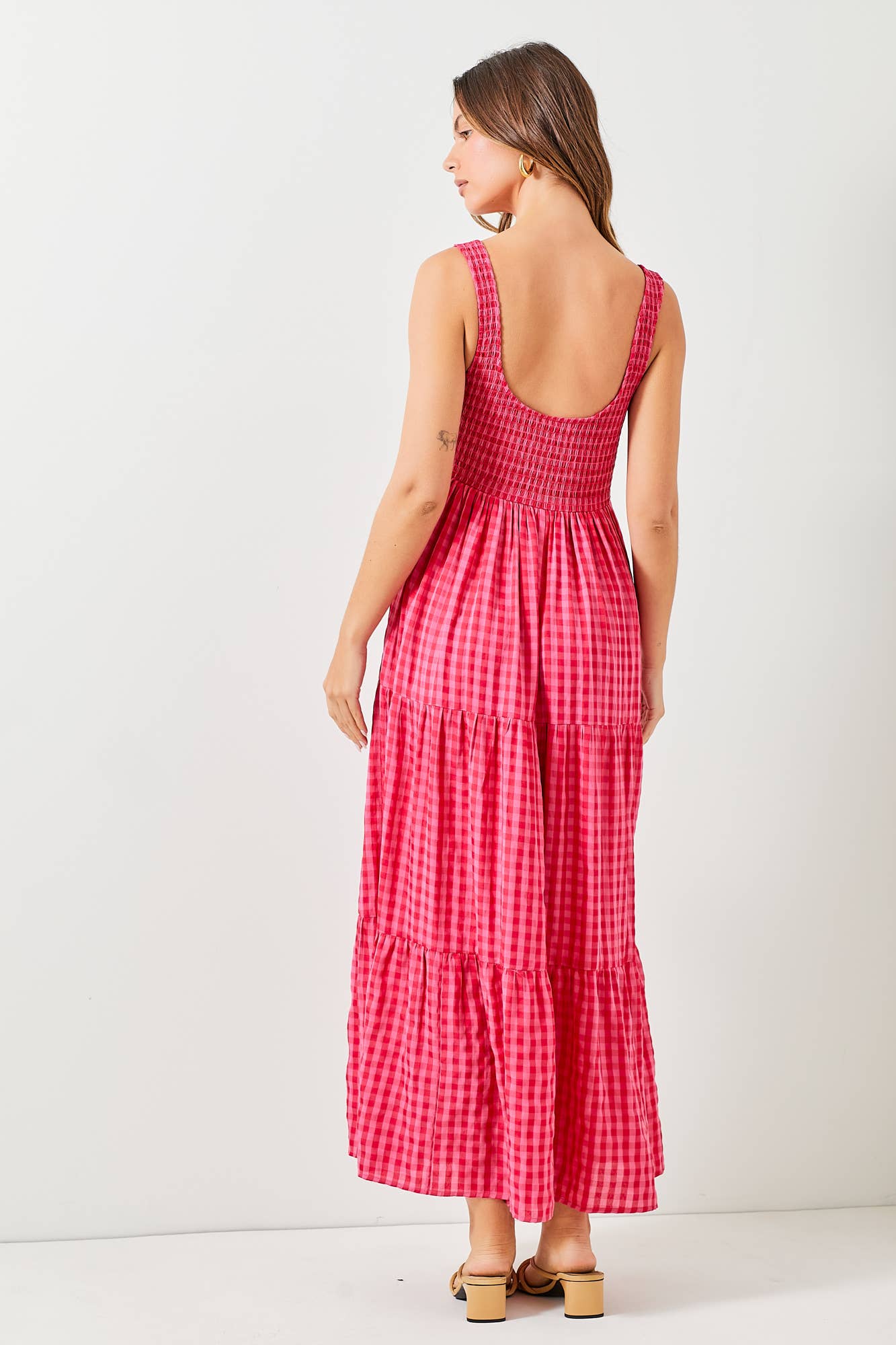 SMOCKED BODICE GINGHAM MAXI DRESS