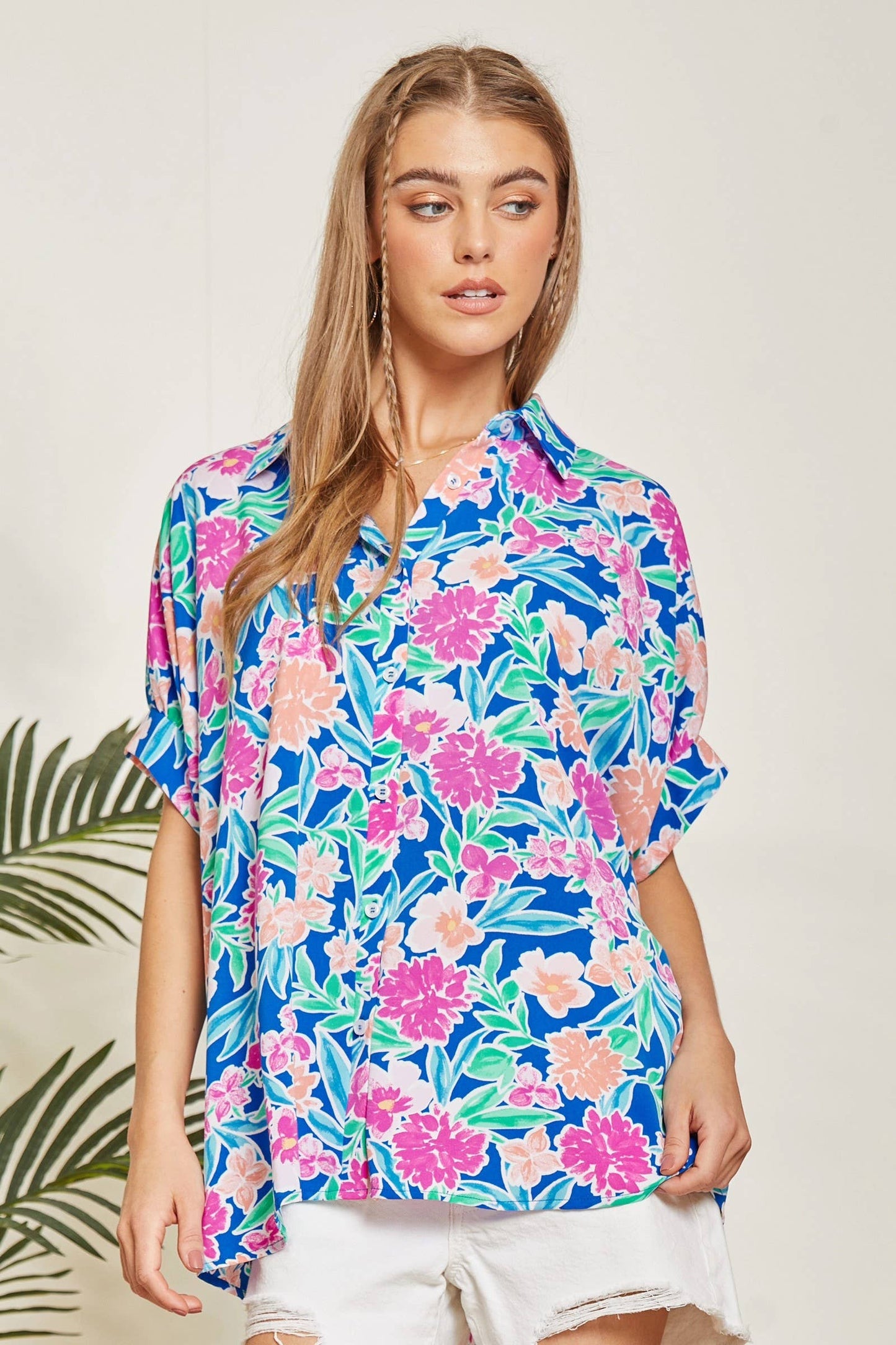 Satin Like Print Button Up Top