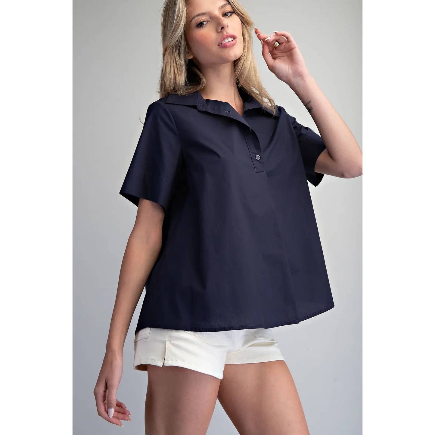 NEW Solid Collared Short Sleeve Blouse