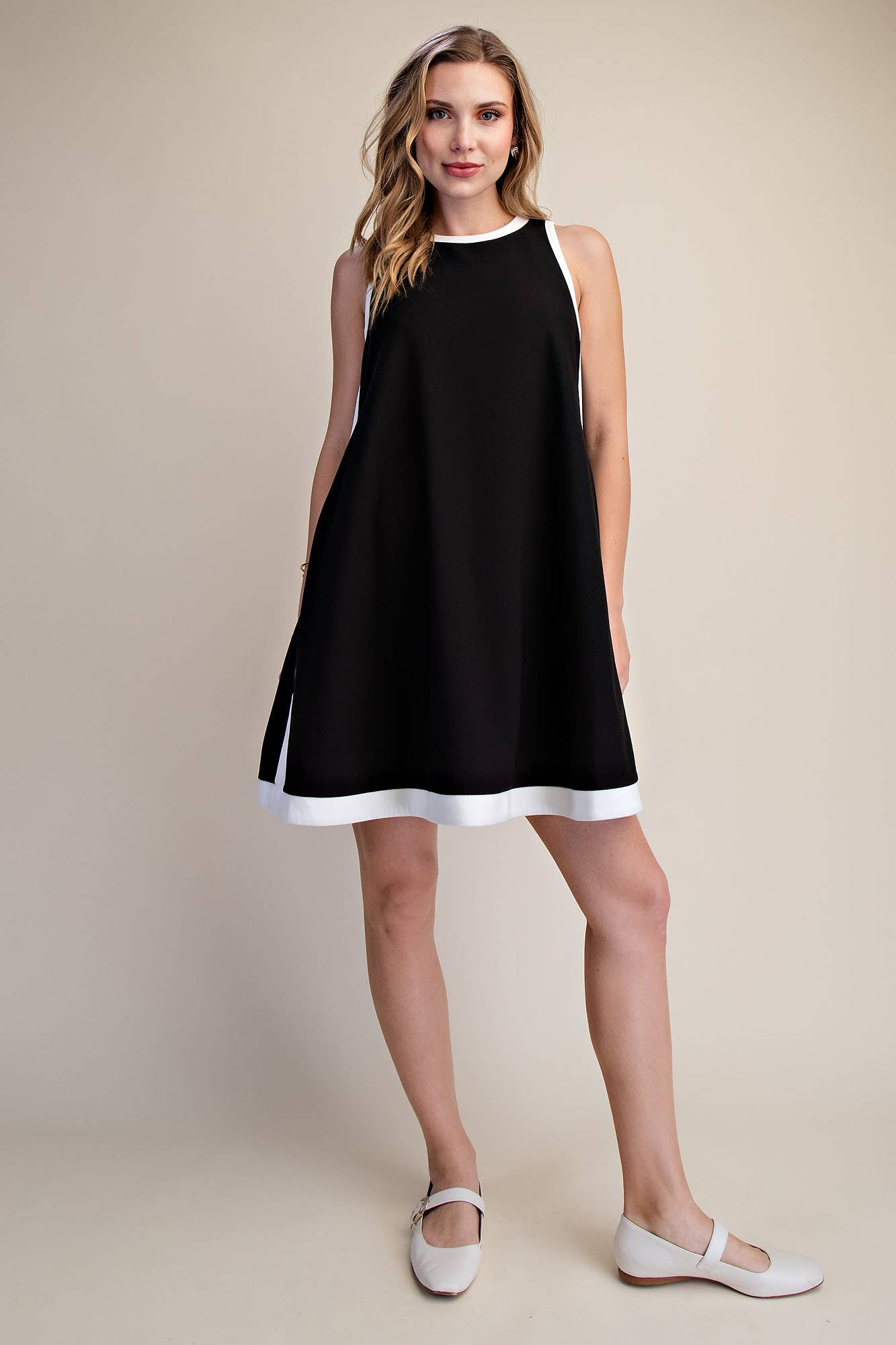 A-line Sleeveless Mini Dress With Round Neck Hem Contrast
