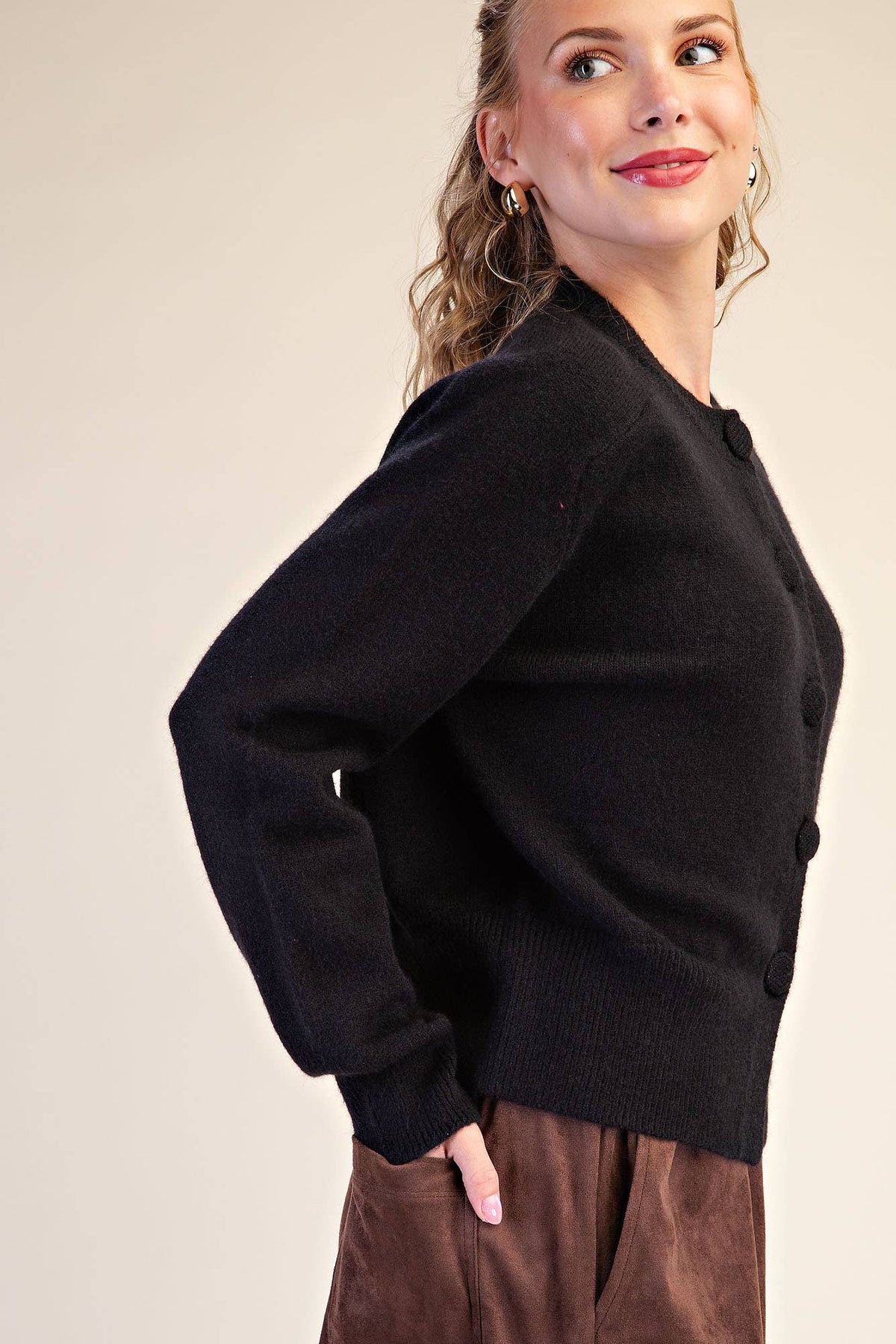 Button Closure Long Sleeve Sweater Cardigan