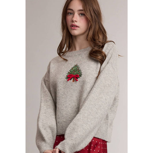 BOW CHRISTMAS TREE EMBROIDERED GRAPHIC SWEATER / WL26-13377