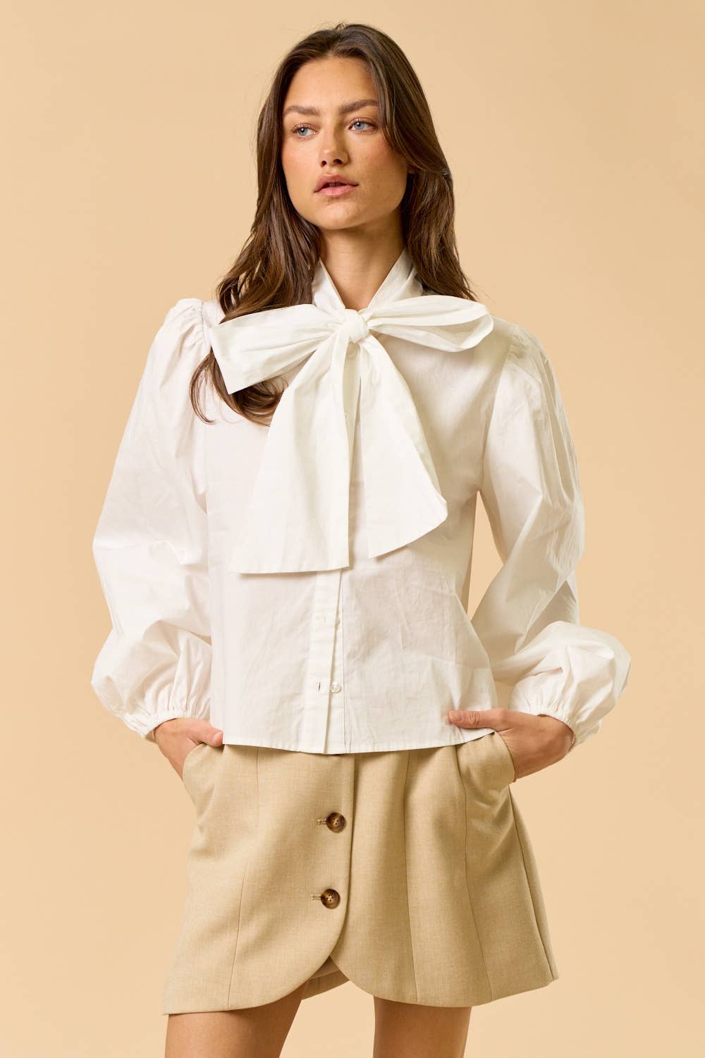 ILT6233 Ribbon-Tie Button Down Top with Puff Sleeves