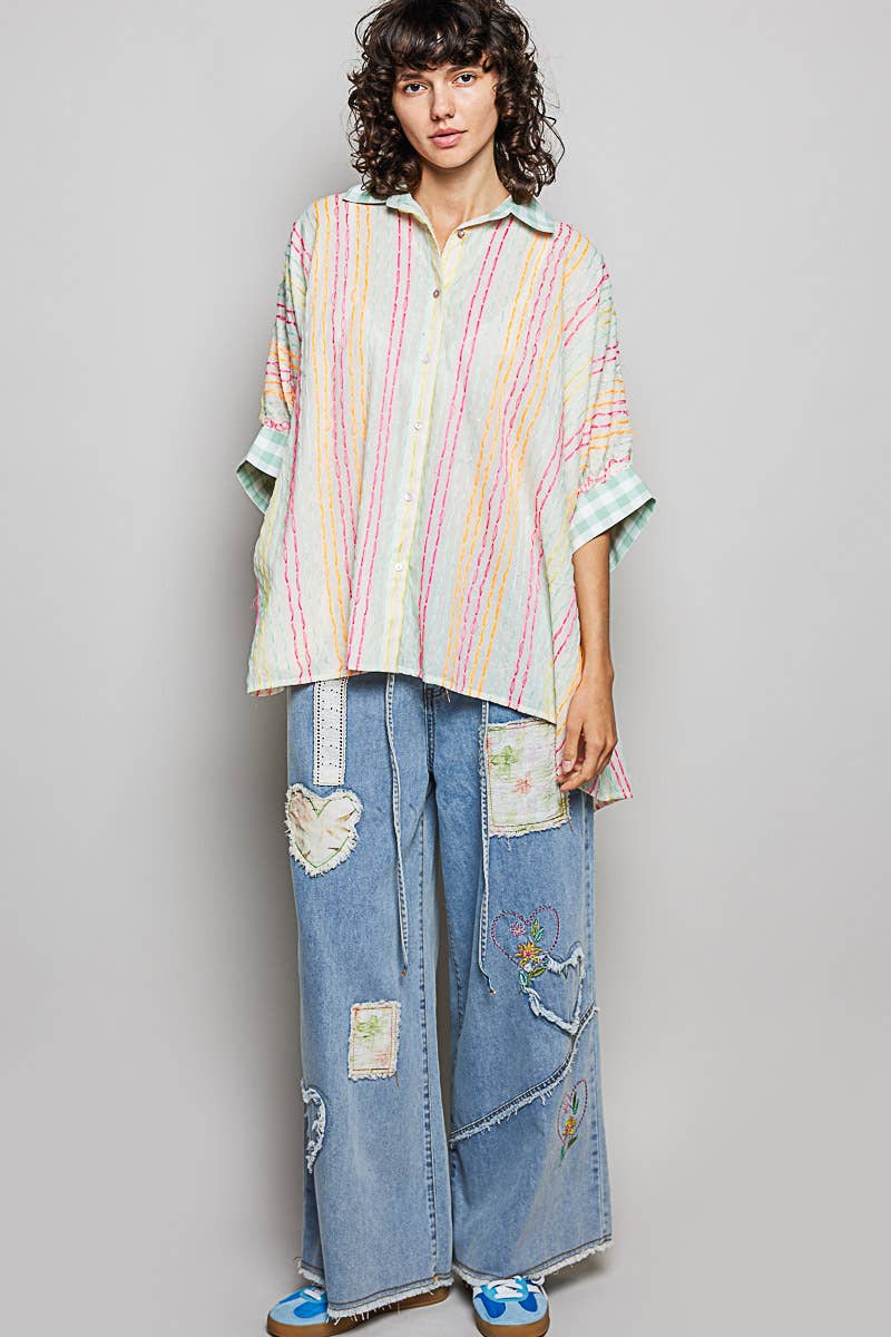 Stripe Boxy Fit Contrast Cuff Woven Shirt Top