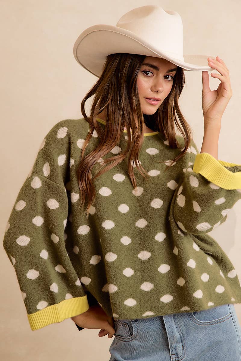 CONTRAST NECK AND ROLL UP DETAIL POLKA DOT SWEATER
