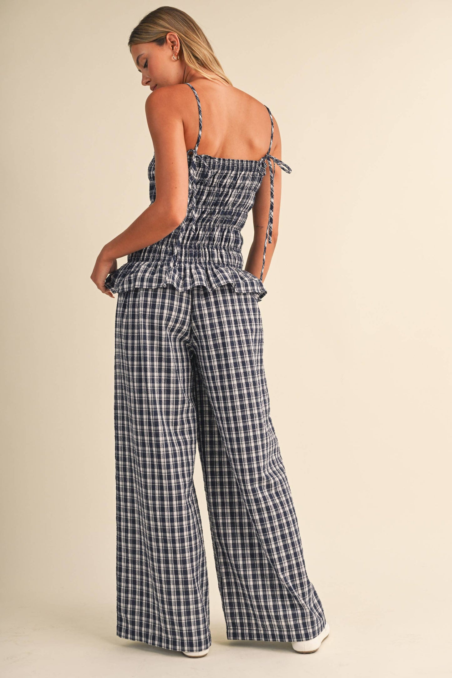 IJP3426-A  RUFFLED HEM SMOCKED TOP PLAID WIDE LEG JUMPSUIT
