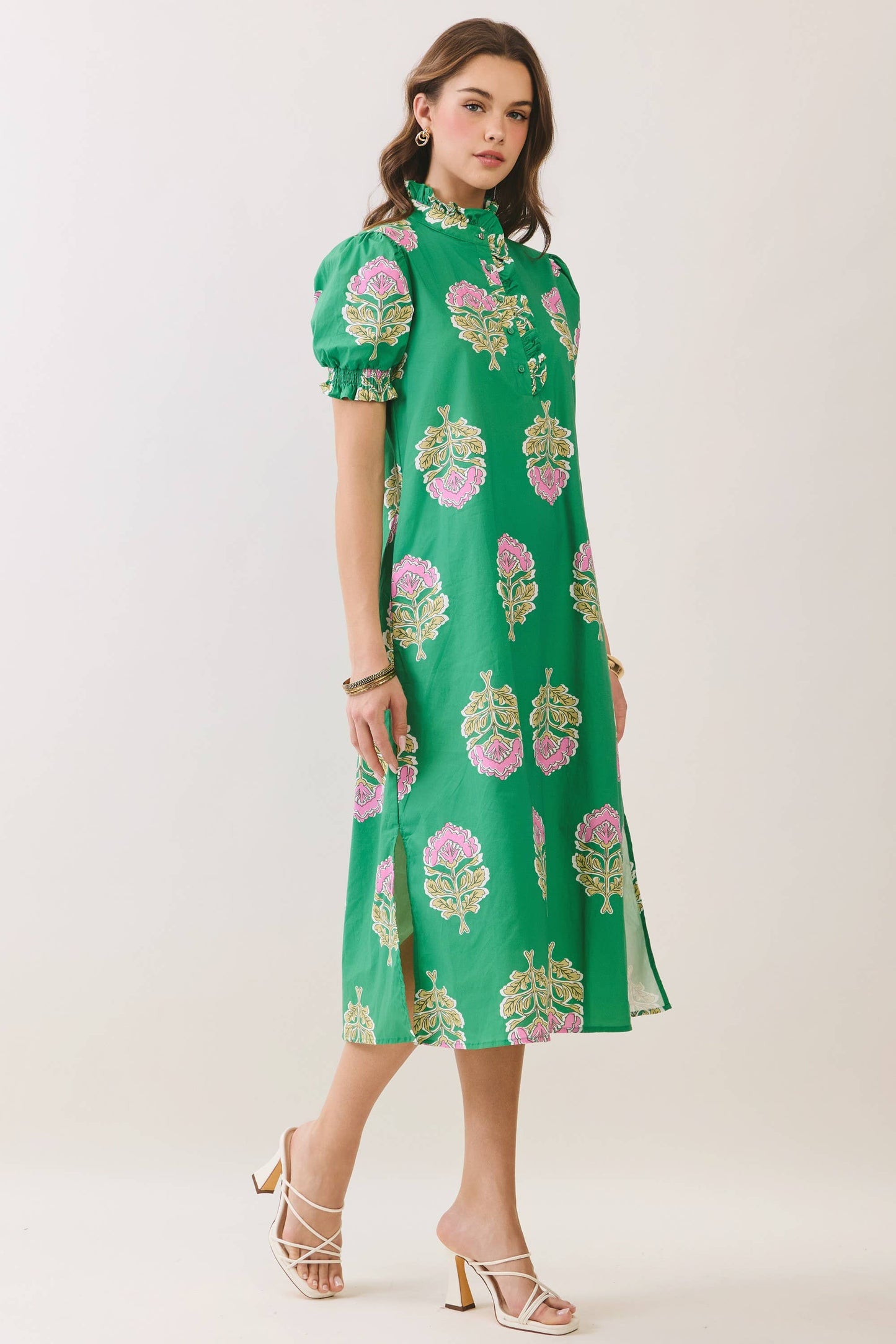 CD06970-Floral Print Ruffle Collar Button Down Midi Dress