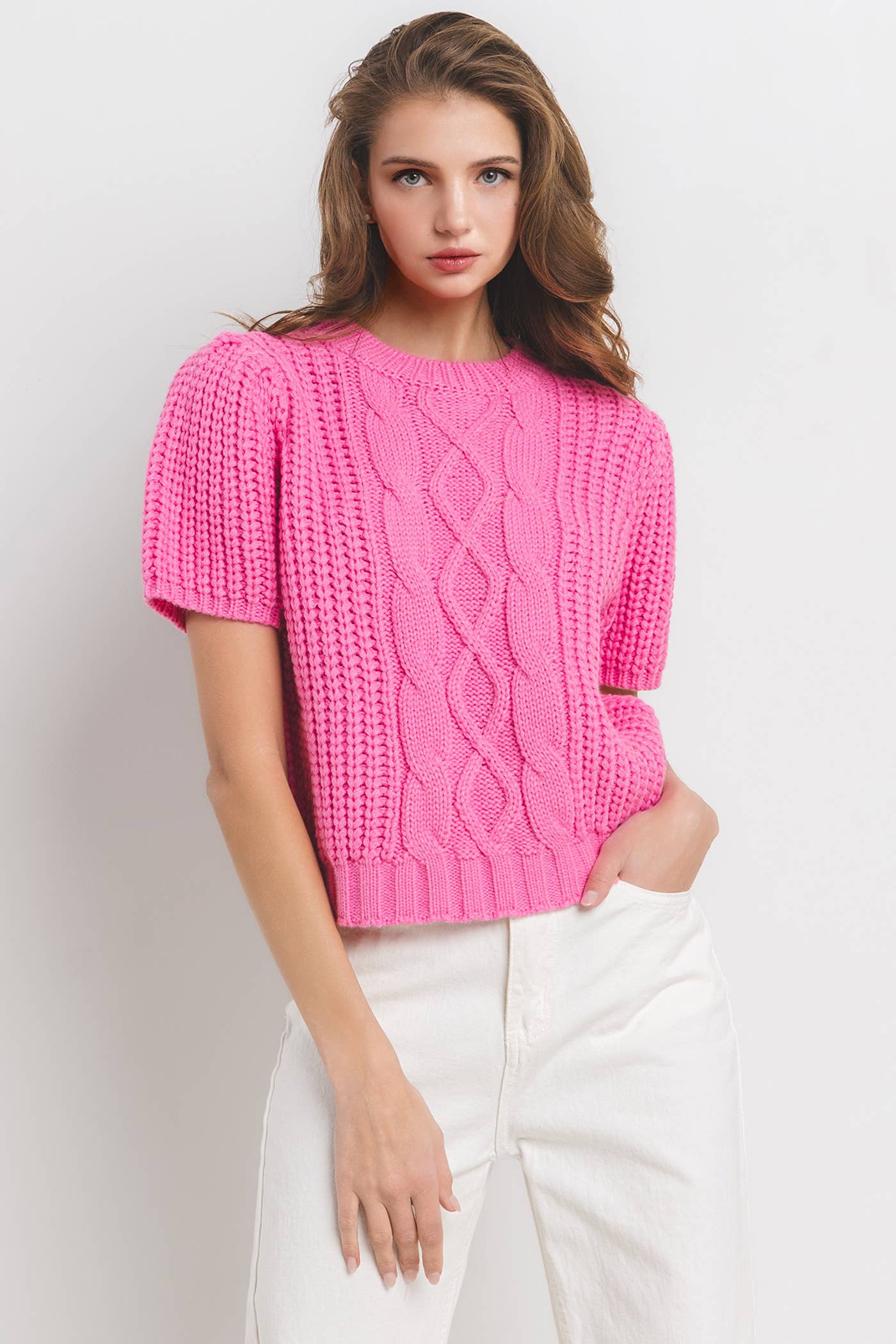 Puff Short Sleeve Cable Sweater Top / TIC13016