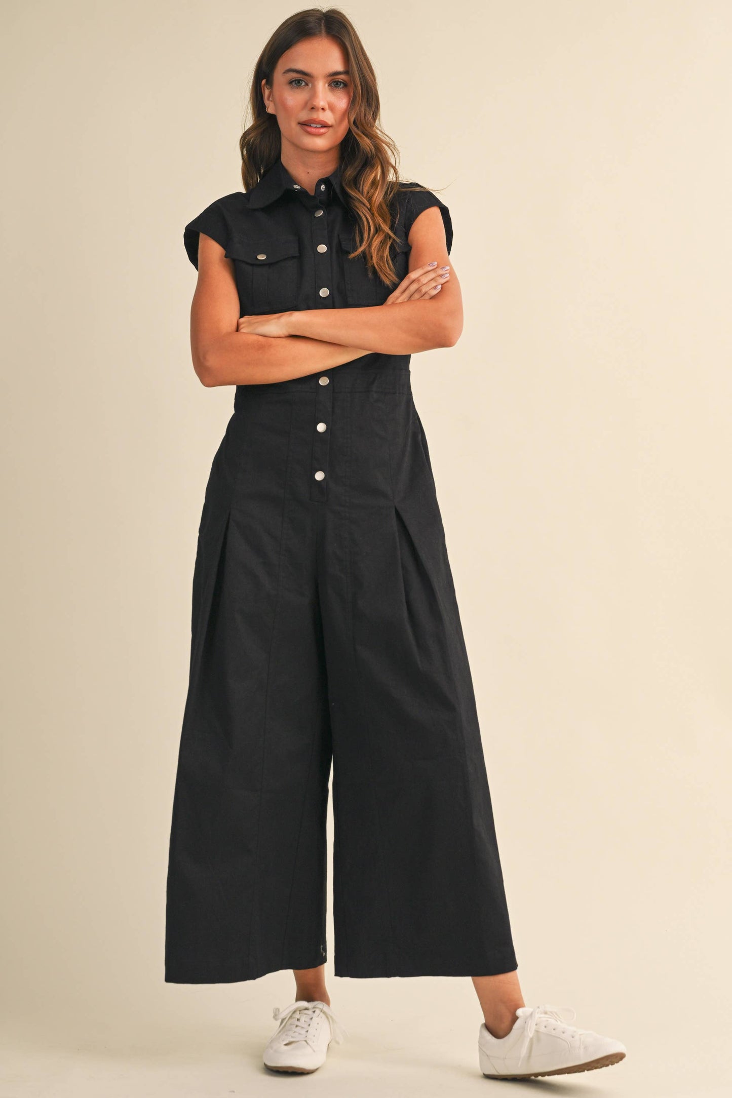 IJP3398 STRETCH COTTON TWILL WIDE LEG CROPPED JUMPSUIT