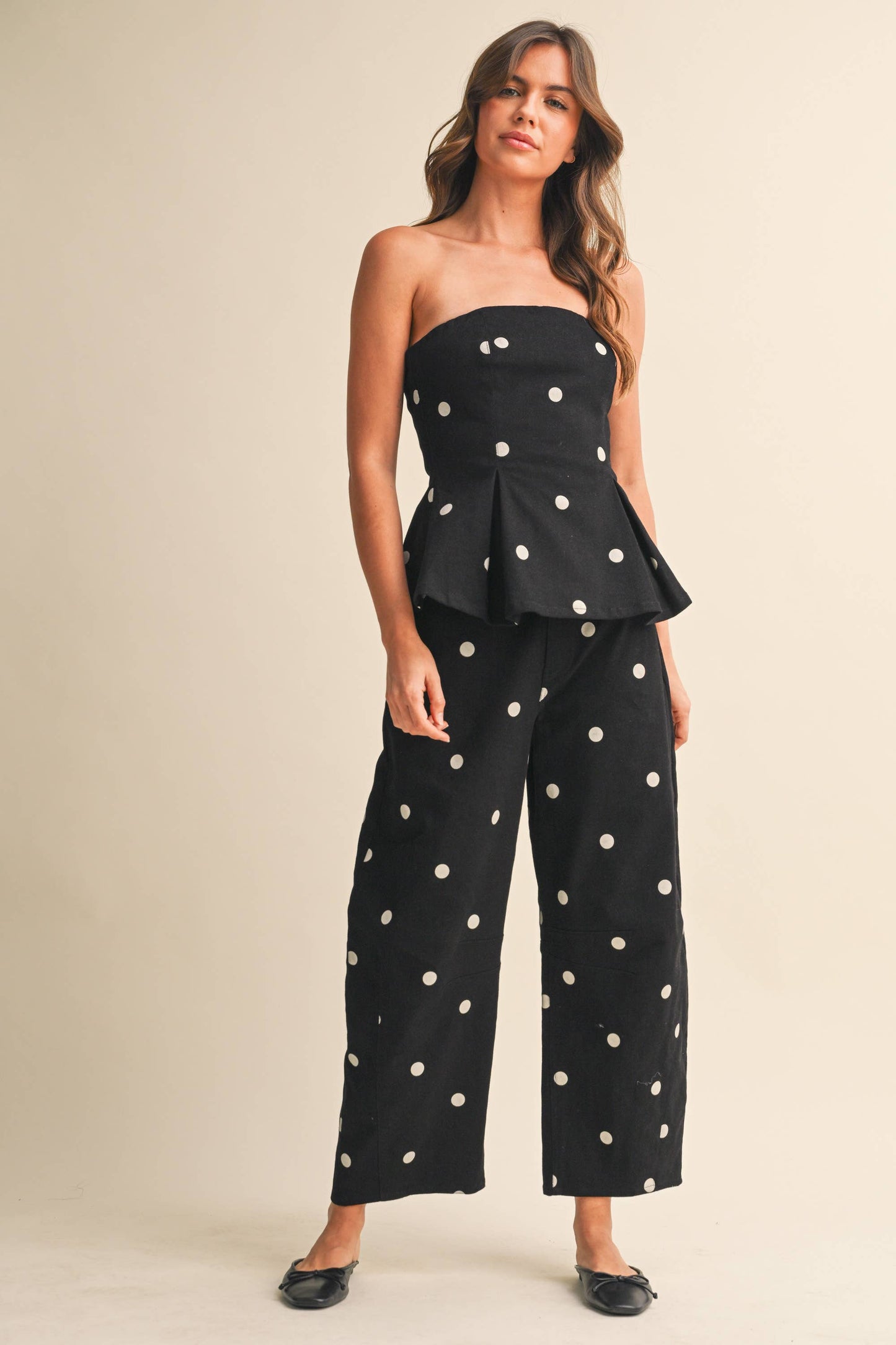 IST6128-B POLKADOT STRAPLESS PEPLUM TOP AND BARREL PANTS SET