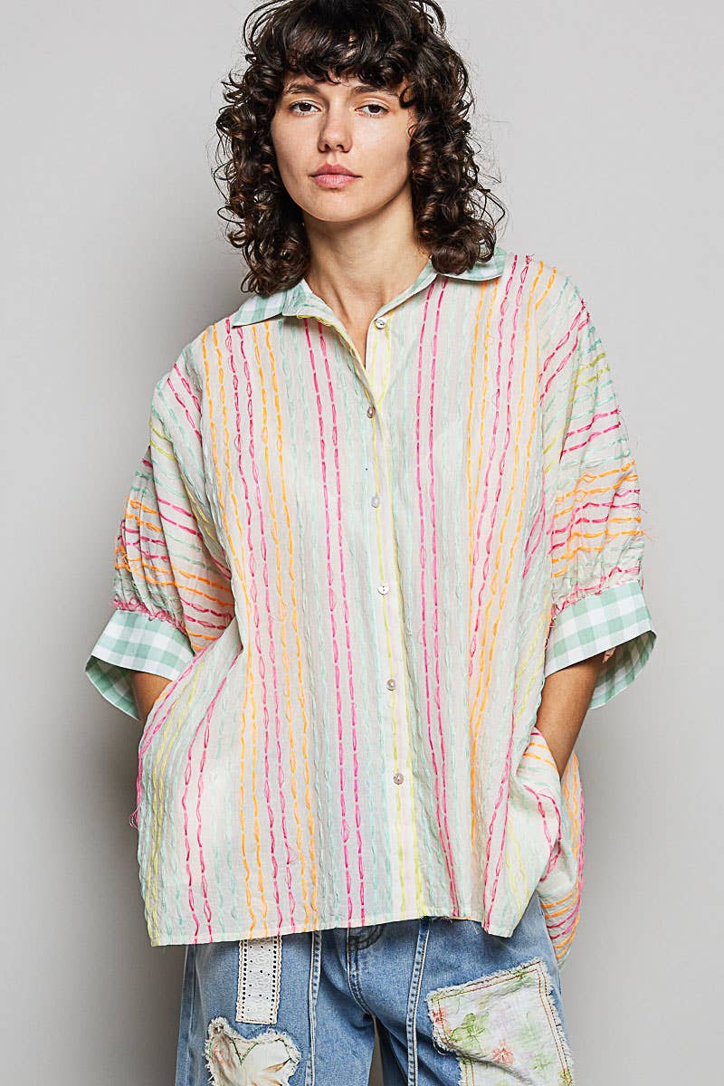 Stripe Boxy Fit Contrast Cuff Woven Shirt Top