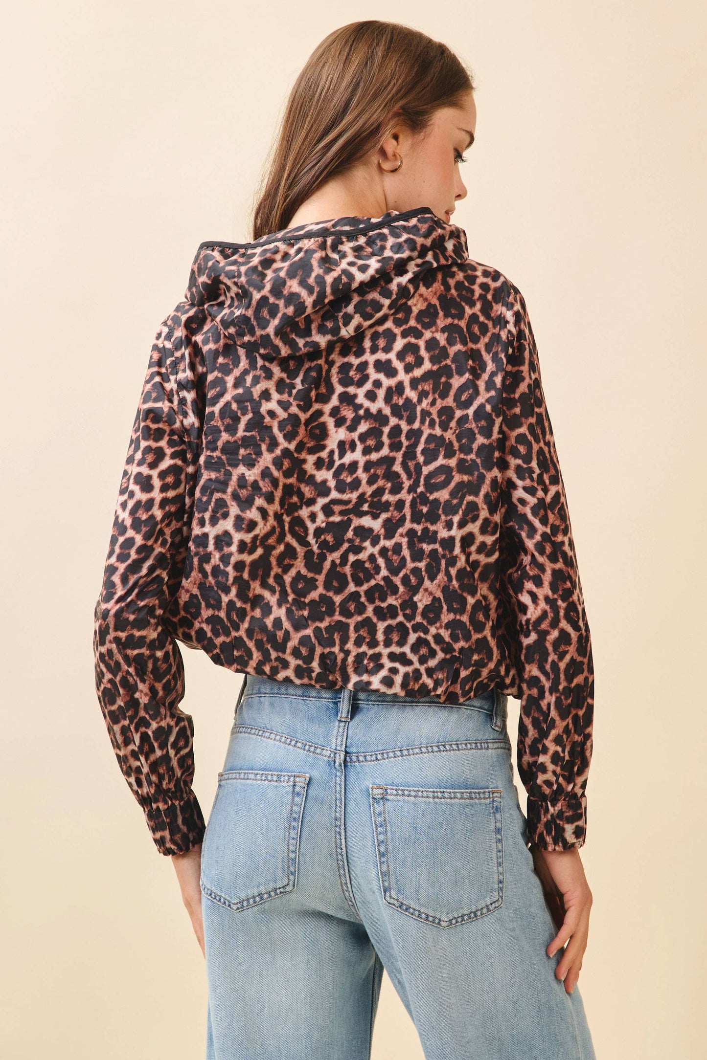 CT9509-Leopard Print Adjustable Ribbon Tie Hoodie Top