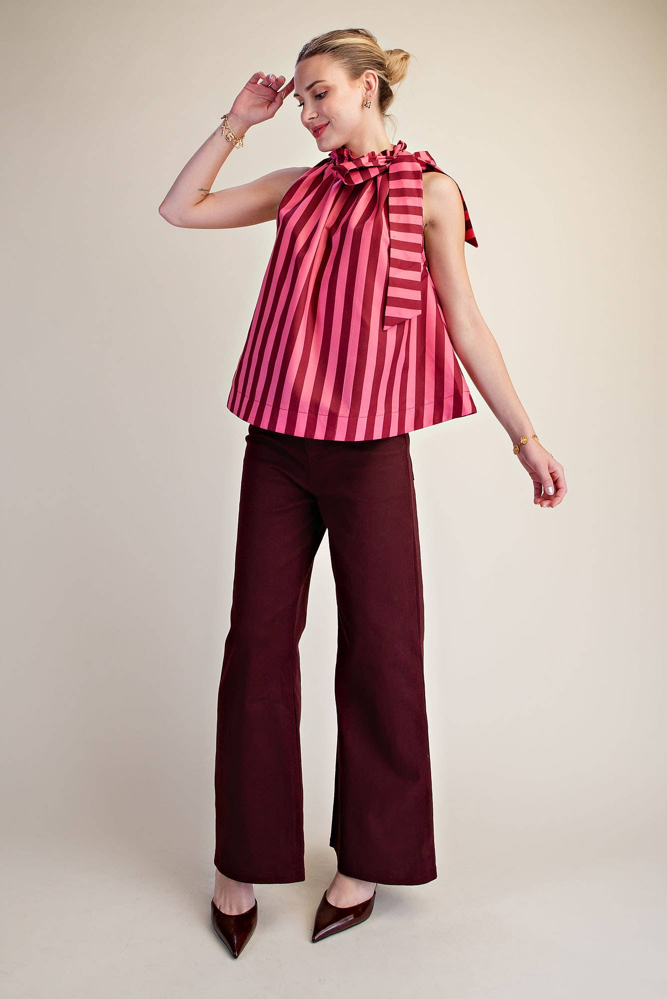 Ruffle Neck Tie Sleeveless Stripe Top