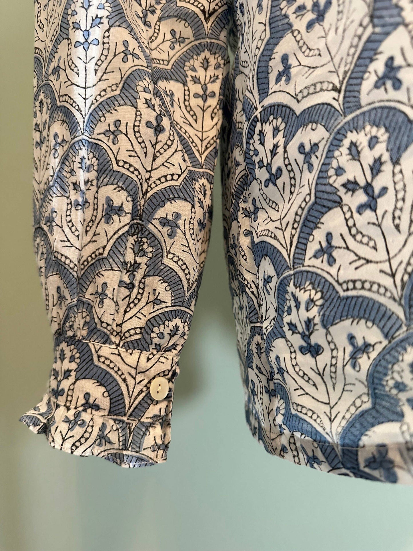 Women's Floral Block Print Ruffle Collar Button Down Blouse