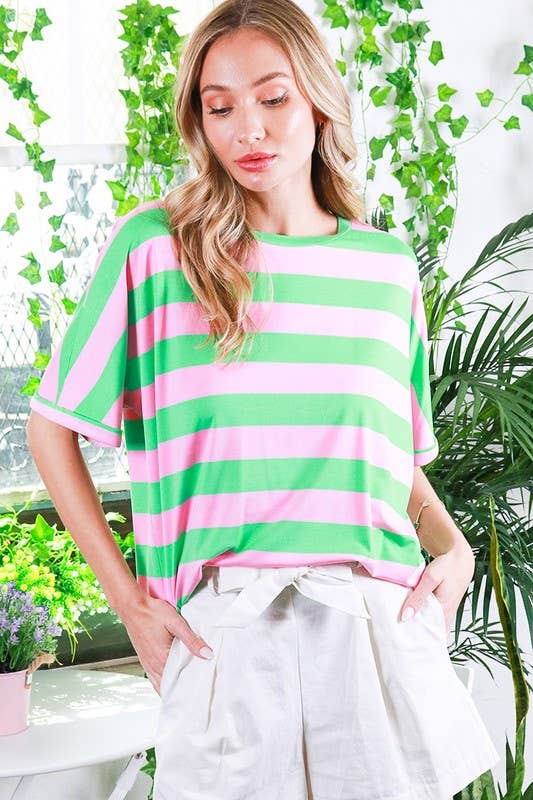 Crew Neck Roll-Up Short-Sleeve Striped Knit Top VT81566A