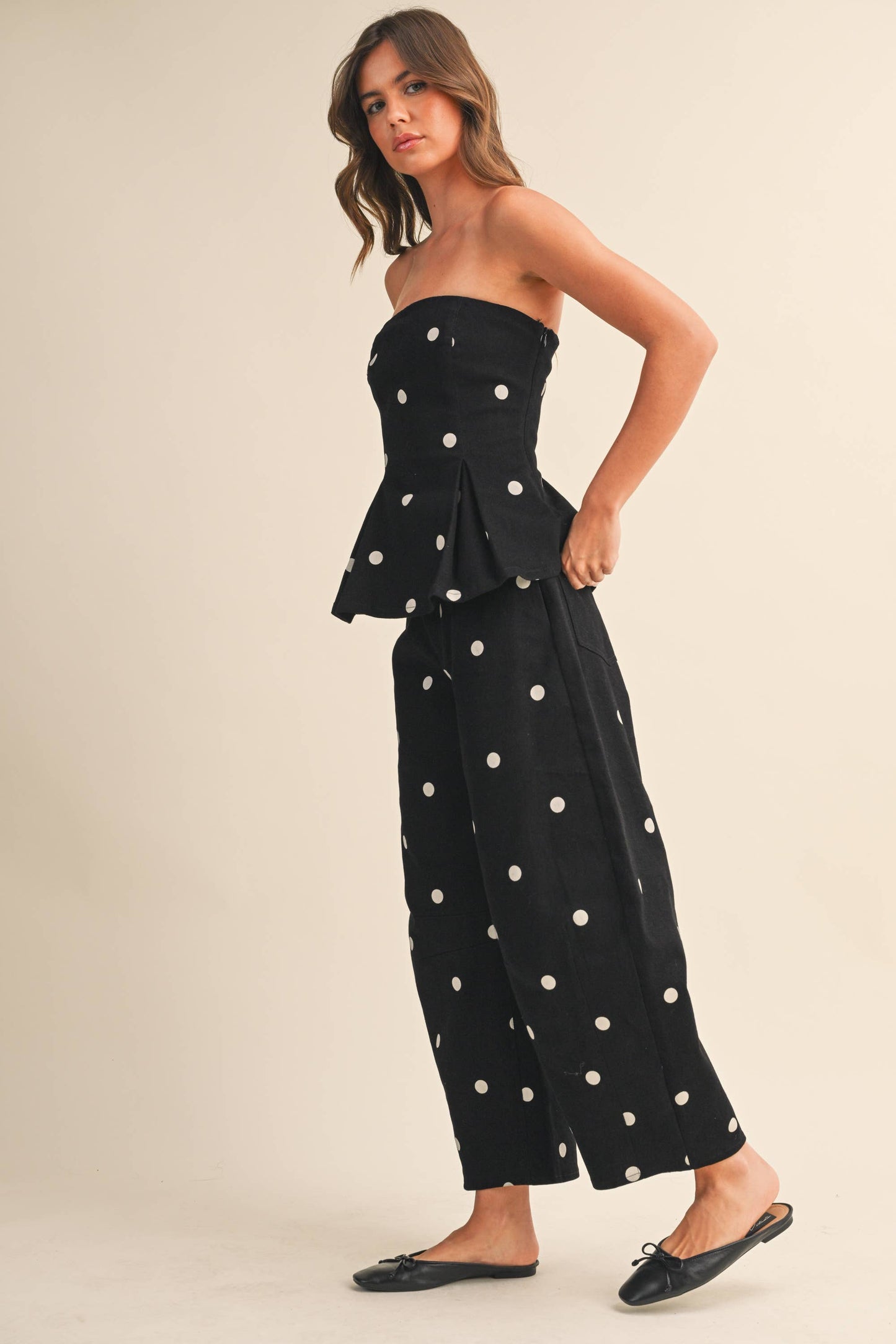 IST6128-B POLKADOT STRAPLESS PEPLUM TOP AND BARREL PANTS SET