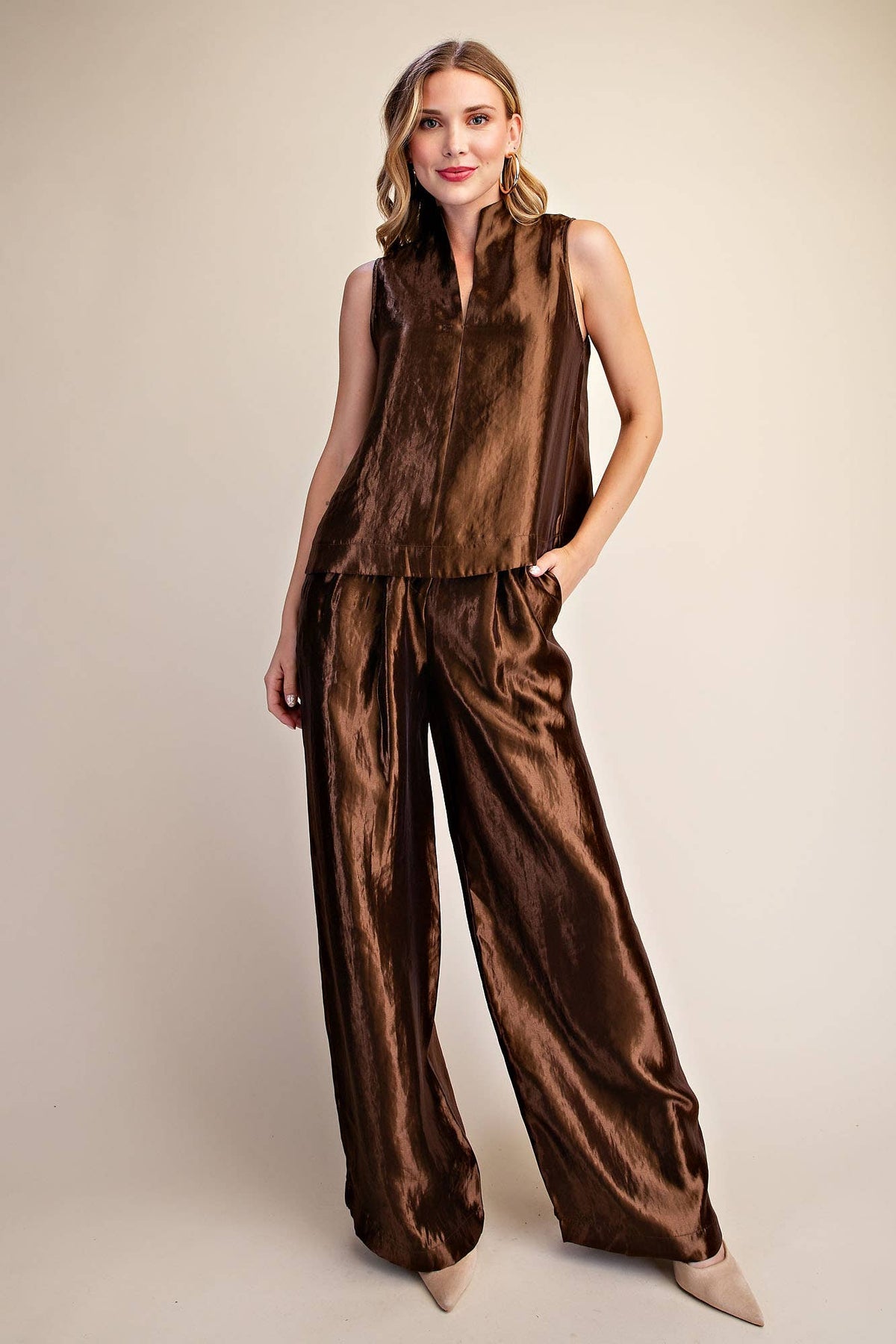 Stand Collar Slit V-Neck Sleeveless Top