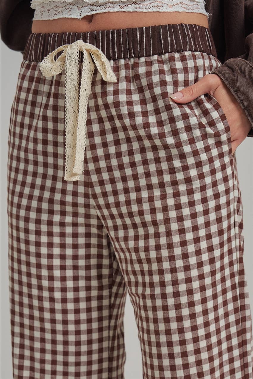 GINGHAM CHECK ELASTIC WAIST PANTS WITH LACE DRASTRING