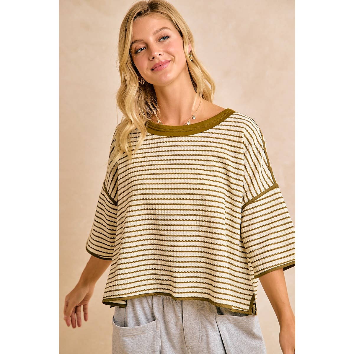 WAFFLE STRIPE WITH BINDING DETAIL RELAXED FIT TOP