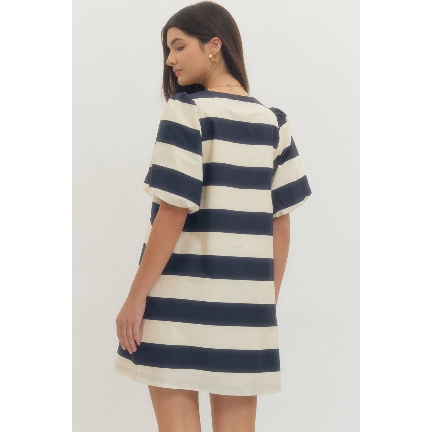 Bold stripe short puff sleeve mini dress
