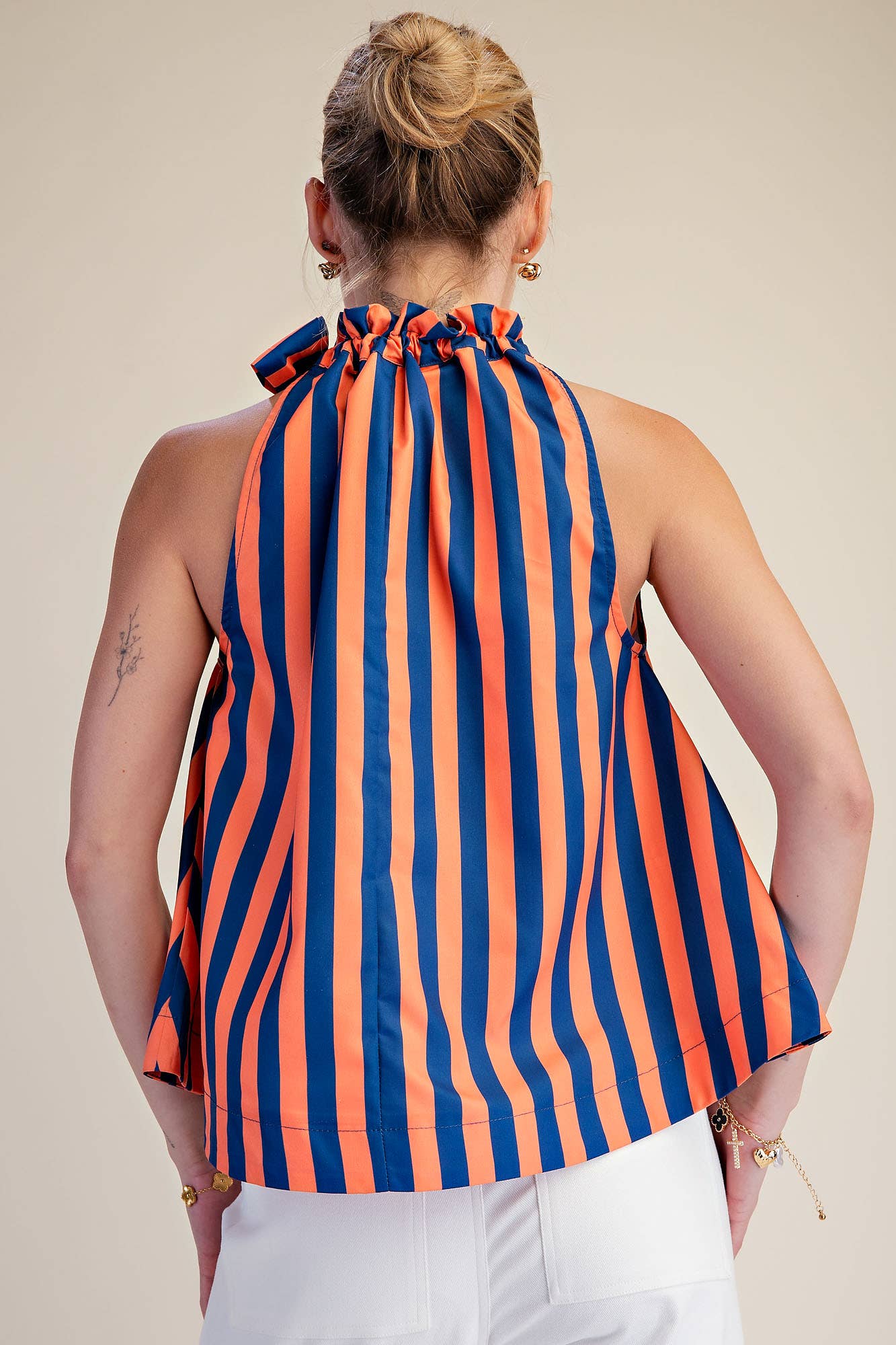 Ruffle Neck Tie Sleeveless Stripe Top