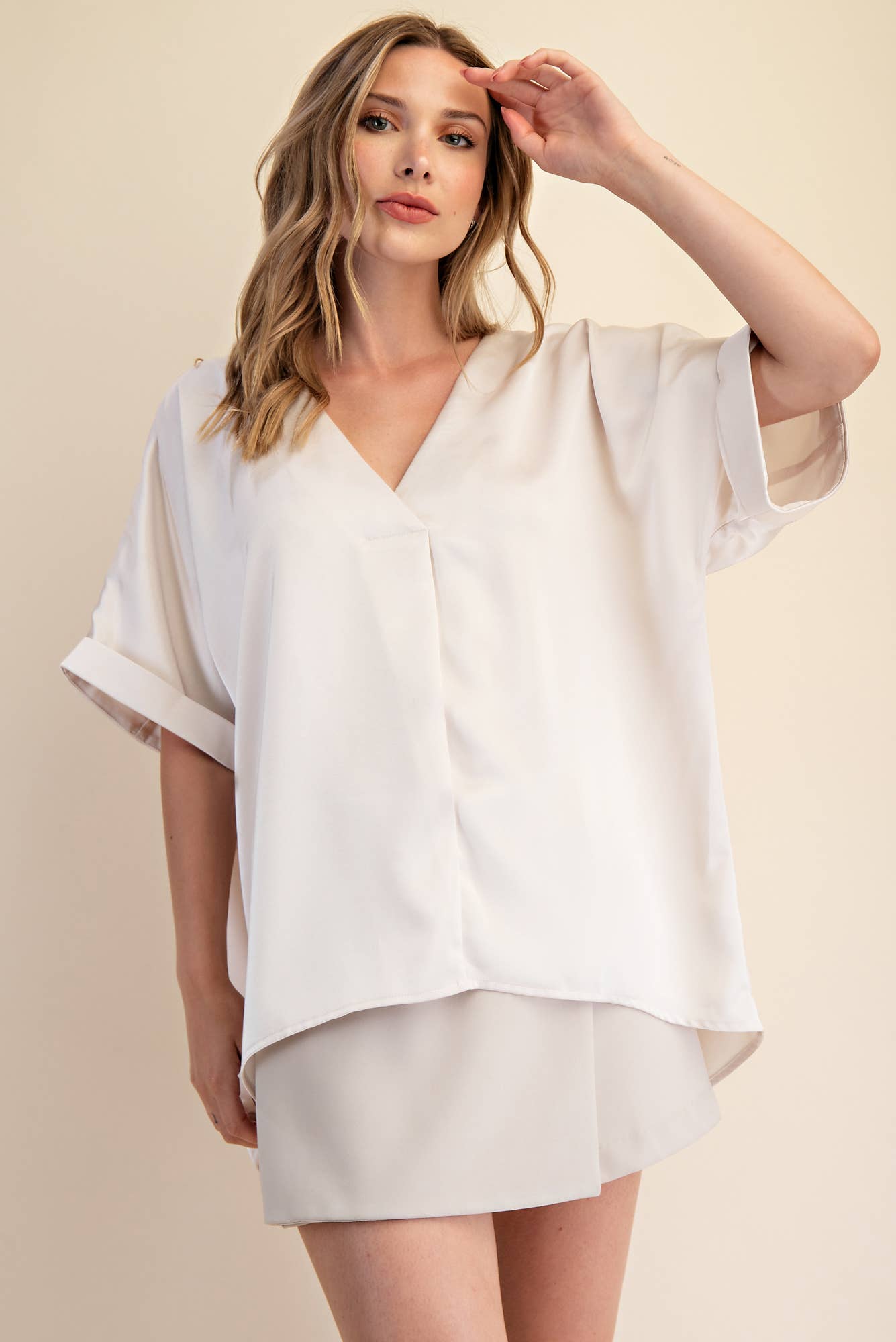Pull Over Satin Blouse V-neck High Low