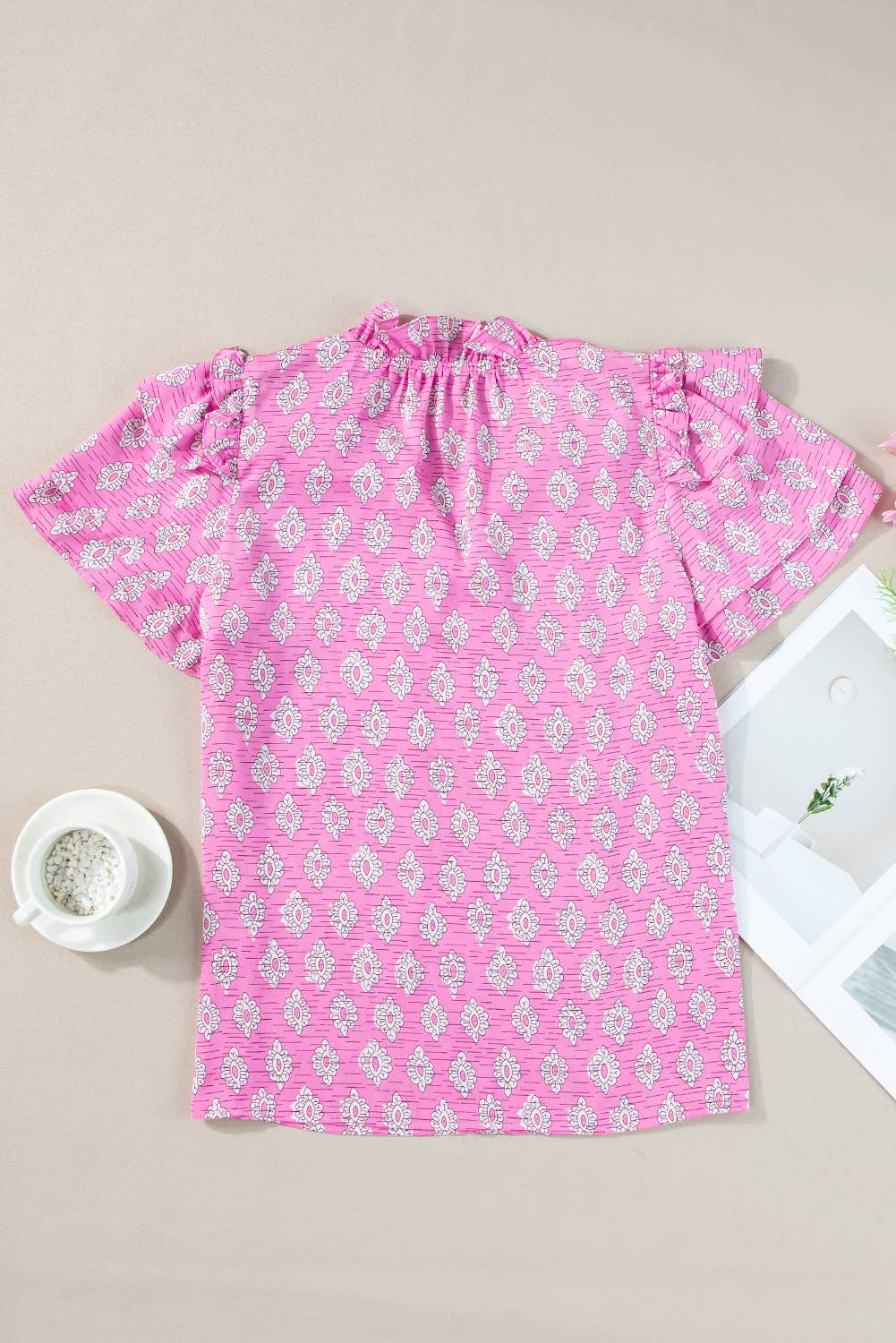 Pink Floral Print Ruffled Sleeve Split Neck Blouse | S-XL