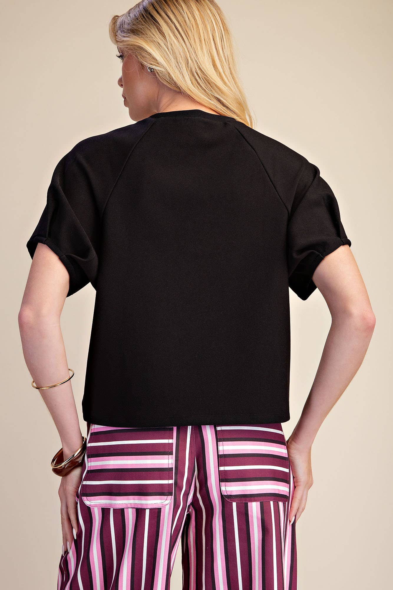 Round Neck Puff Short Sleeve Pullover Top