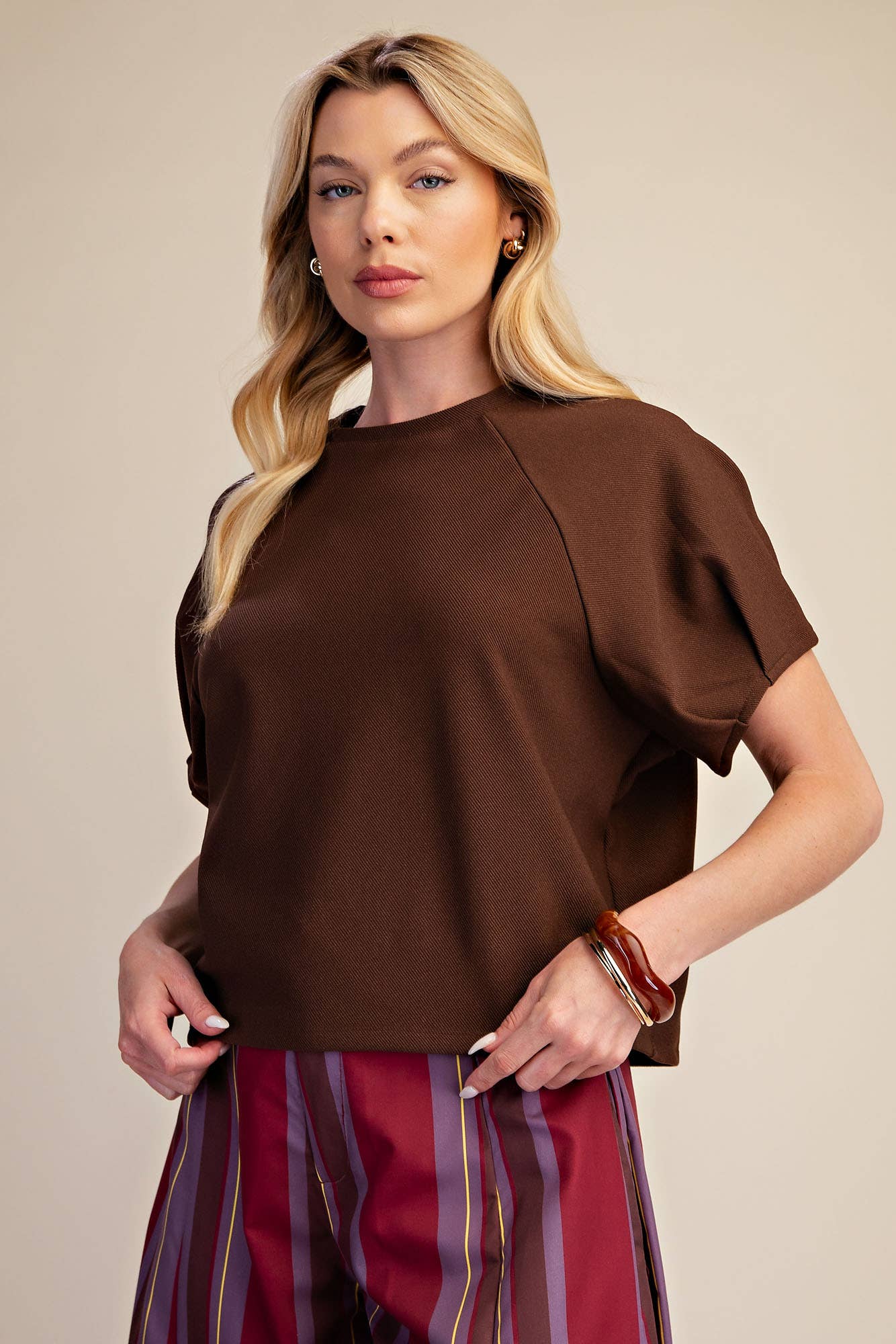 Round Neck Puff Short Sleeve Pullover Top