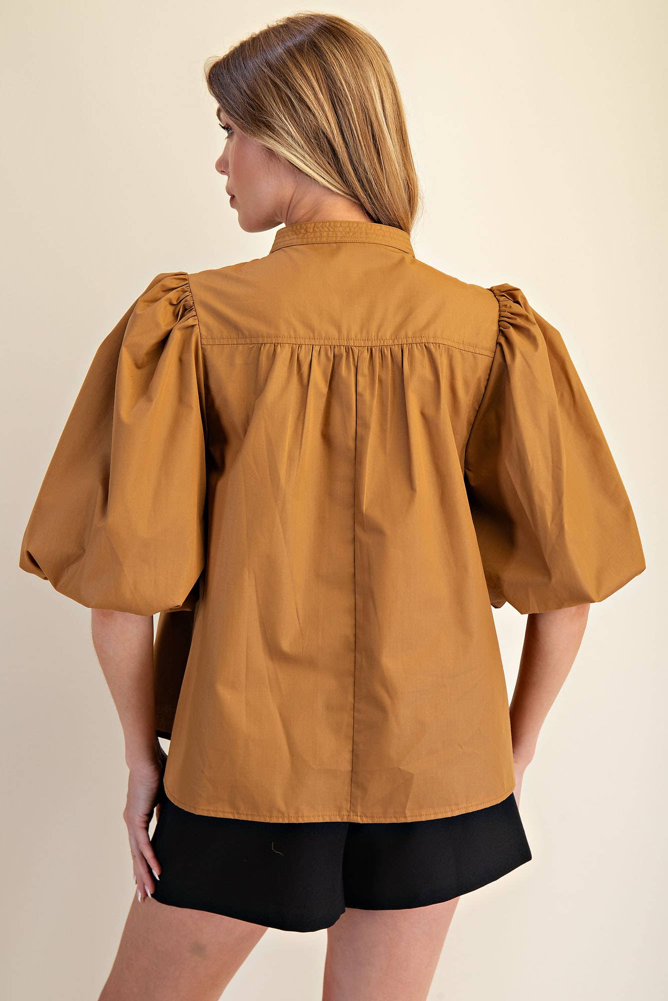 Mandarin Collar V-Neck Bubble Sleeve Poplin Top