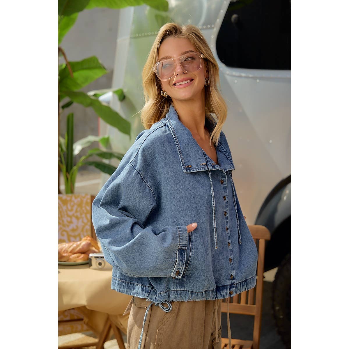 LIGHTWEIGHT WASHED DENIM DRAWSTRING HEM JACKET