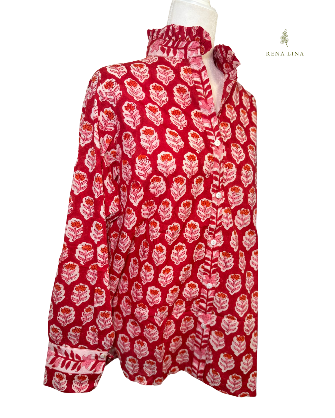 Pink & Red Small Floral Block Print Cotton Blouse