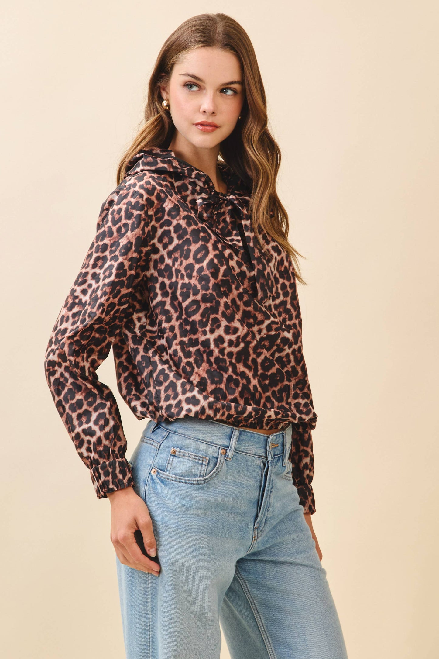 CT9509-Leopard Print Adjustable Ribbon Tie Hoodie Top