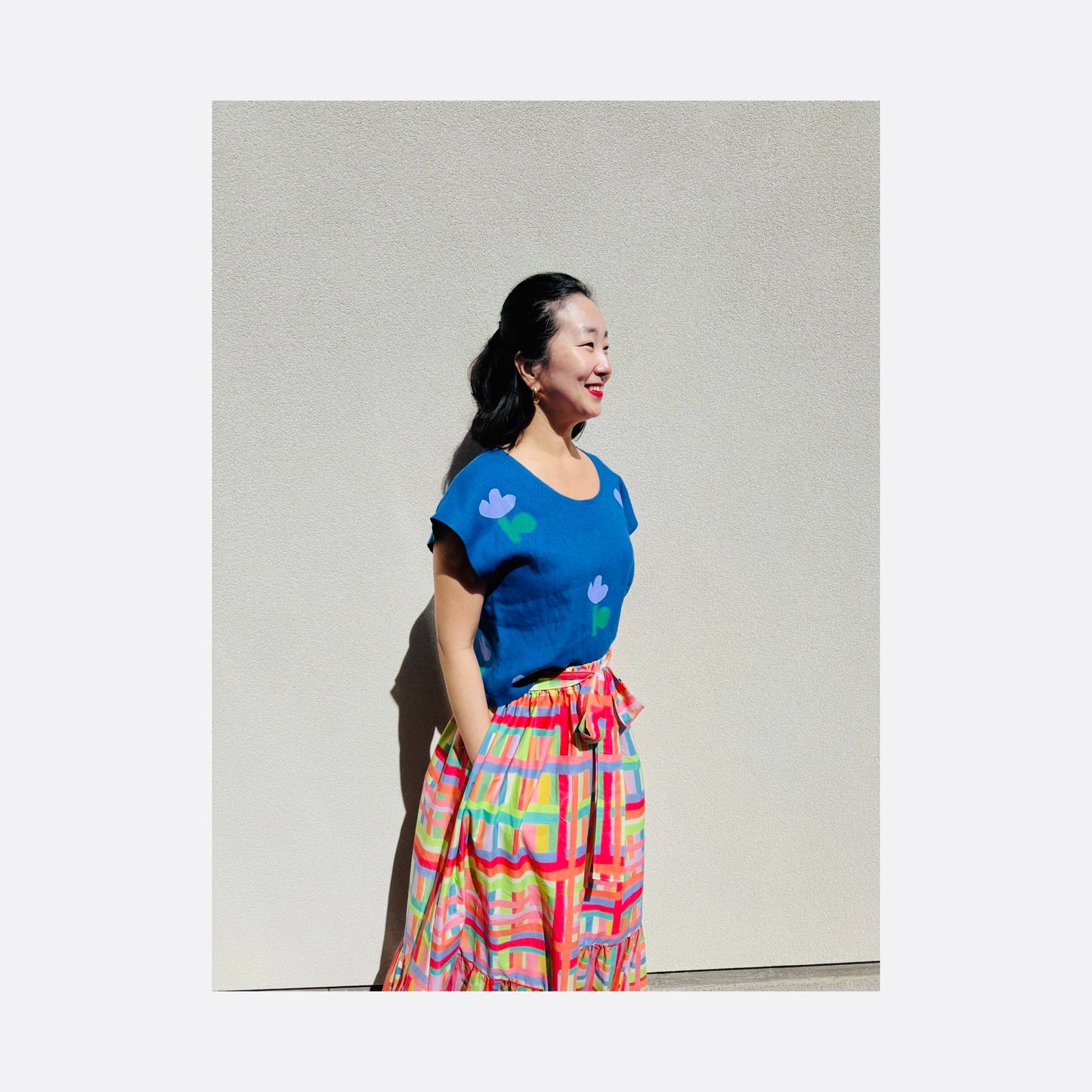 Blue flower linen top 