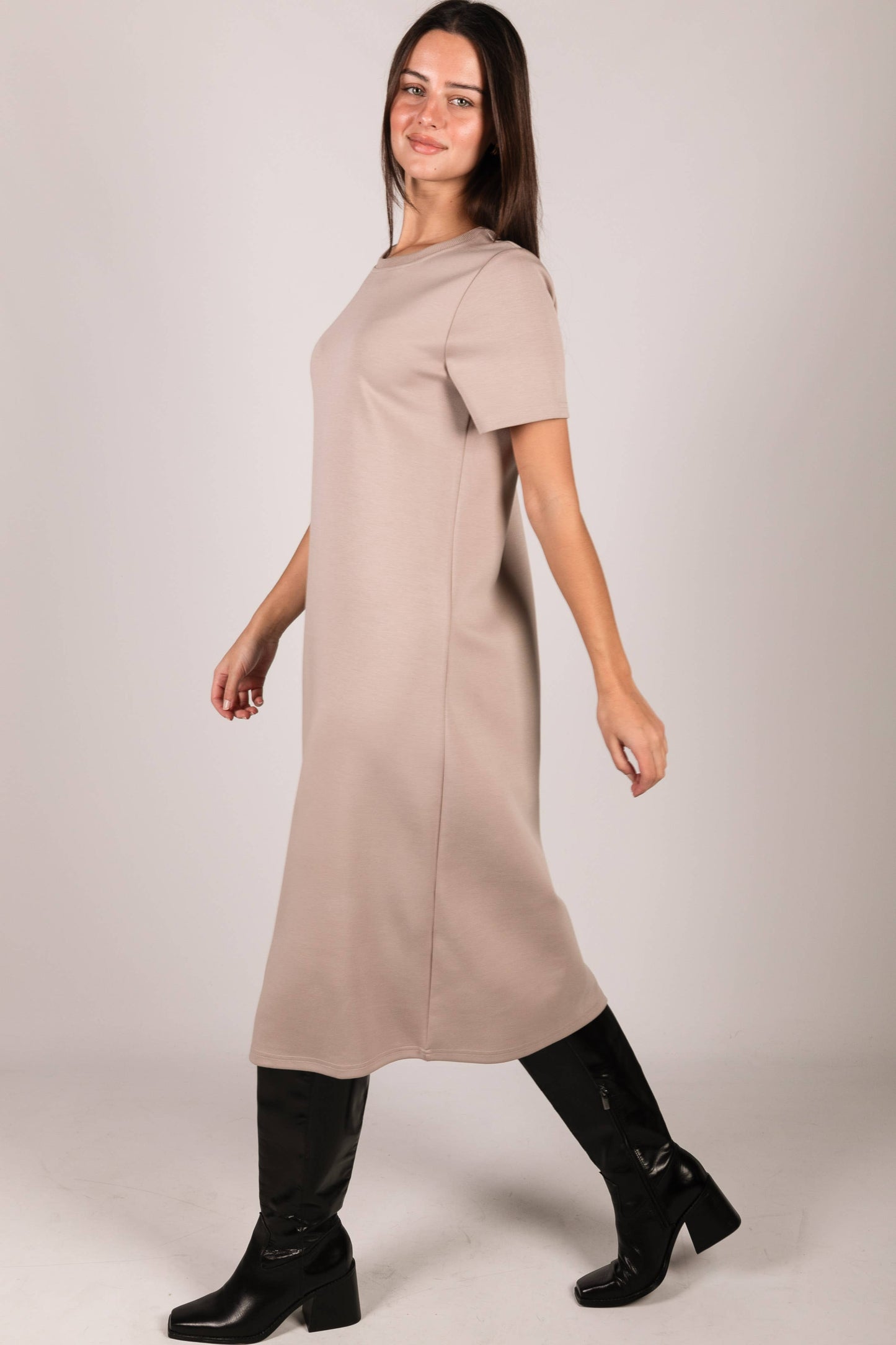 P. CILL Butter Modal Short Sleeve Contrast Rib Neckband Midi