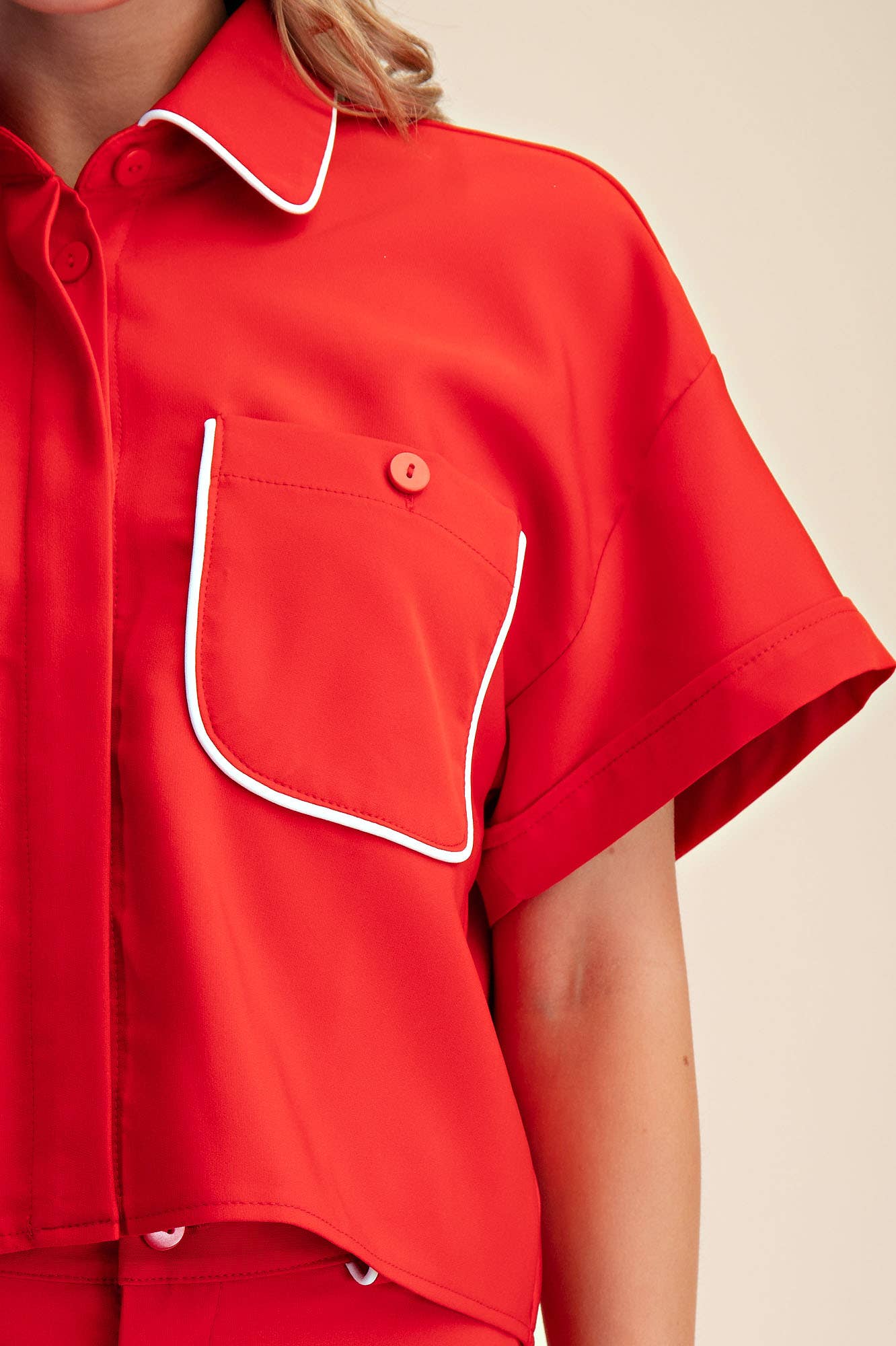 Collar Neck Short-Sleeve Front Pocket Crop Shirts