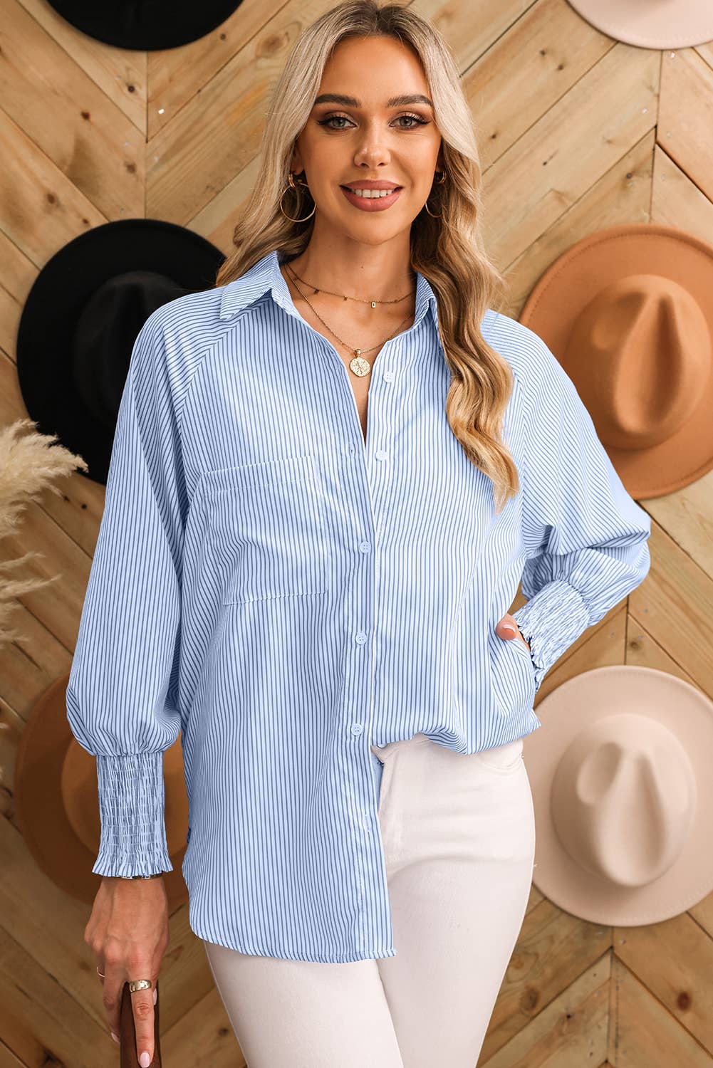 Smocked Cuff Striped Boyfriend Shirt with Pocket | S-XL