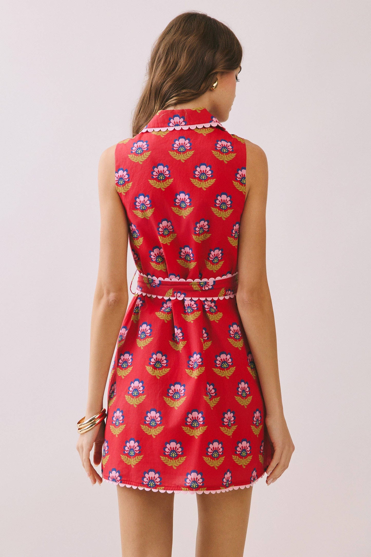 CD06056-Floral Print Contrast Scalloped Trim Detail Dress