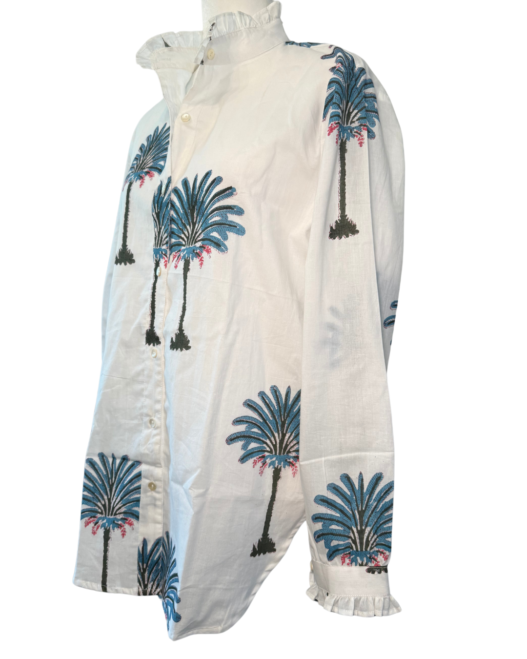 Women's Palm Tree Print Ruffled Collared Blouse