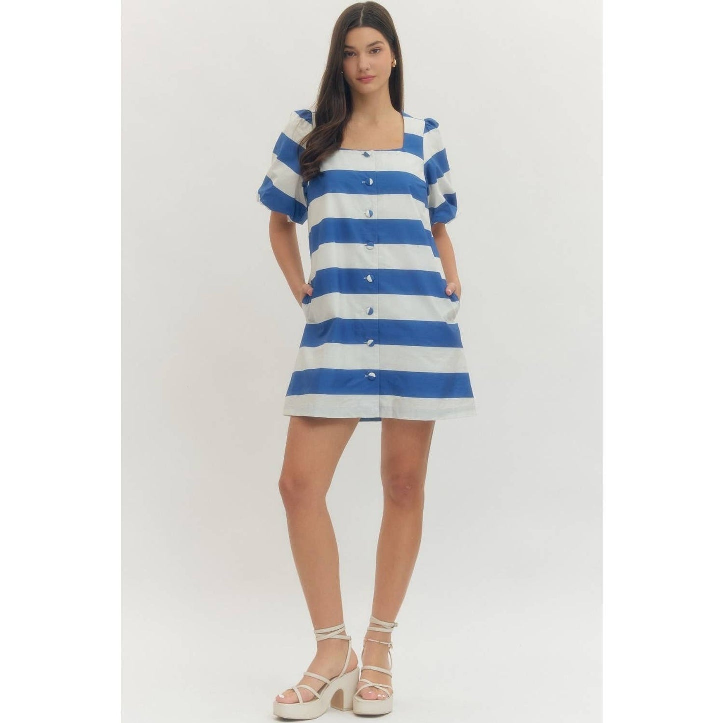 Bold stripe short puff sleeve mini dress