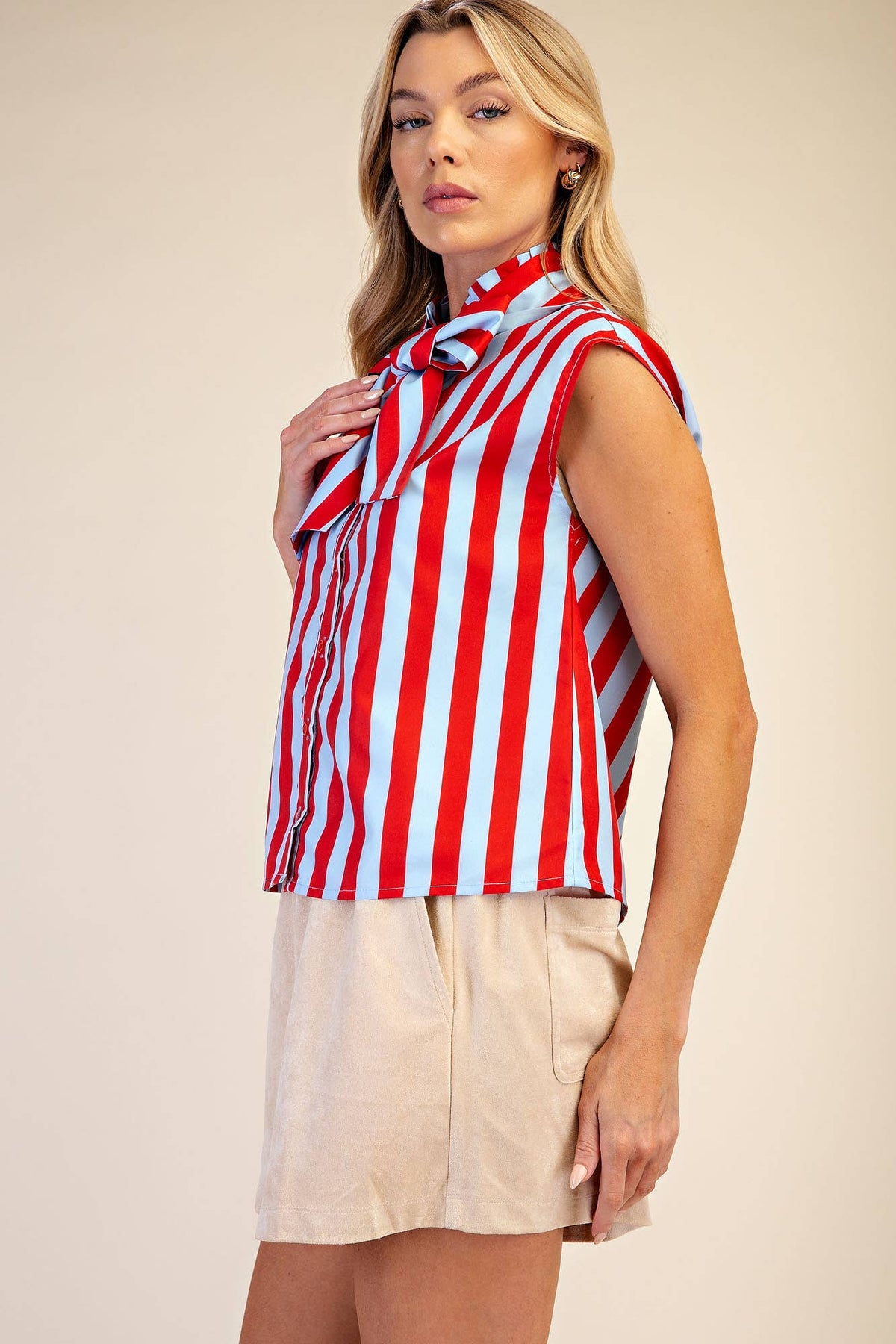 Bow Neck Sleeveless Stripe Shirt