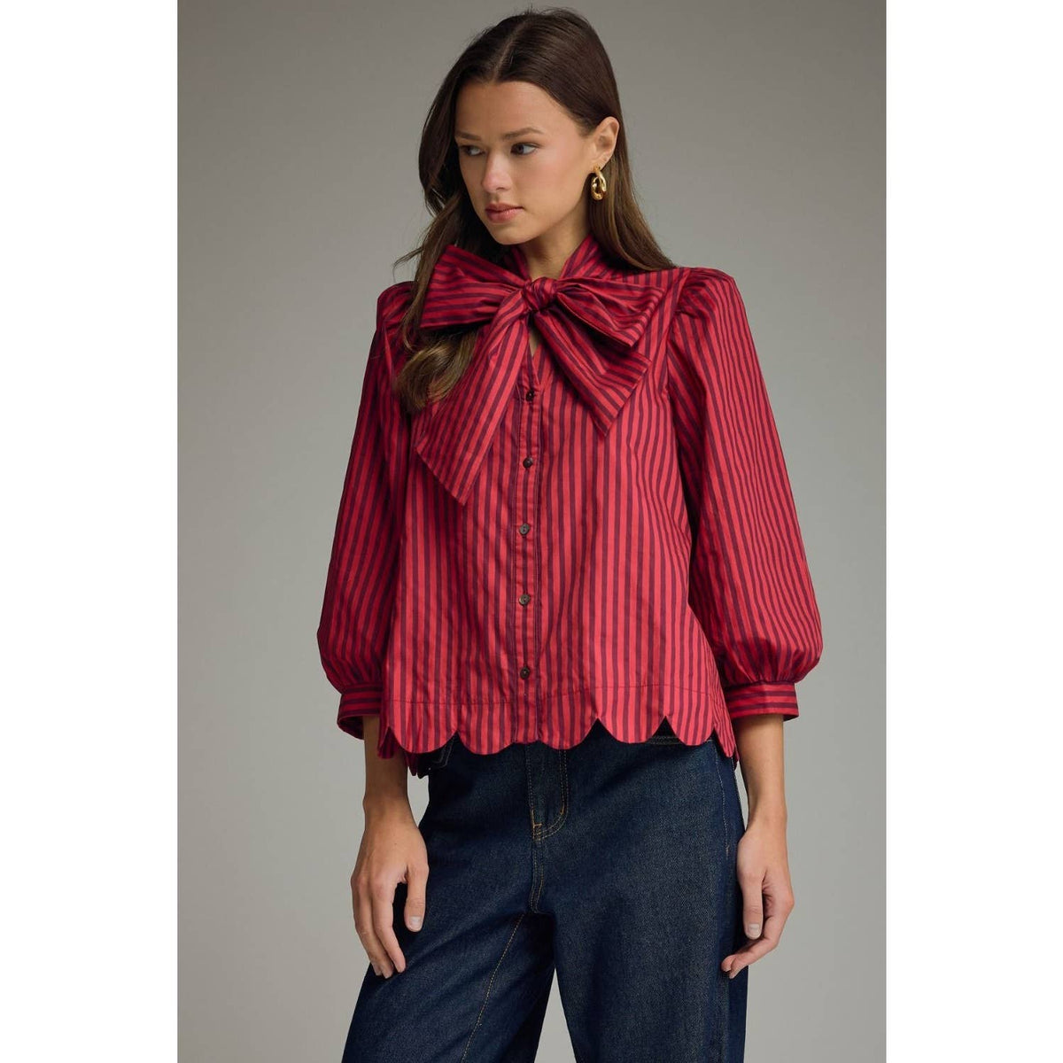 NEW Stripe self-tie neck 3/4 puff sleeve top