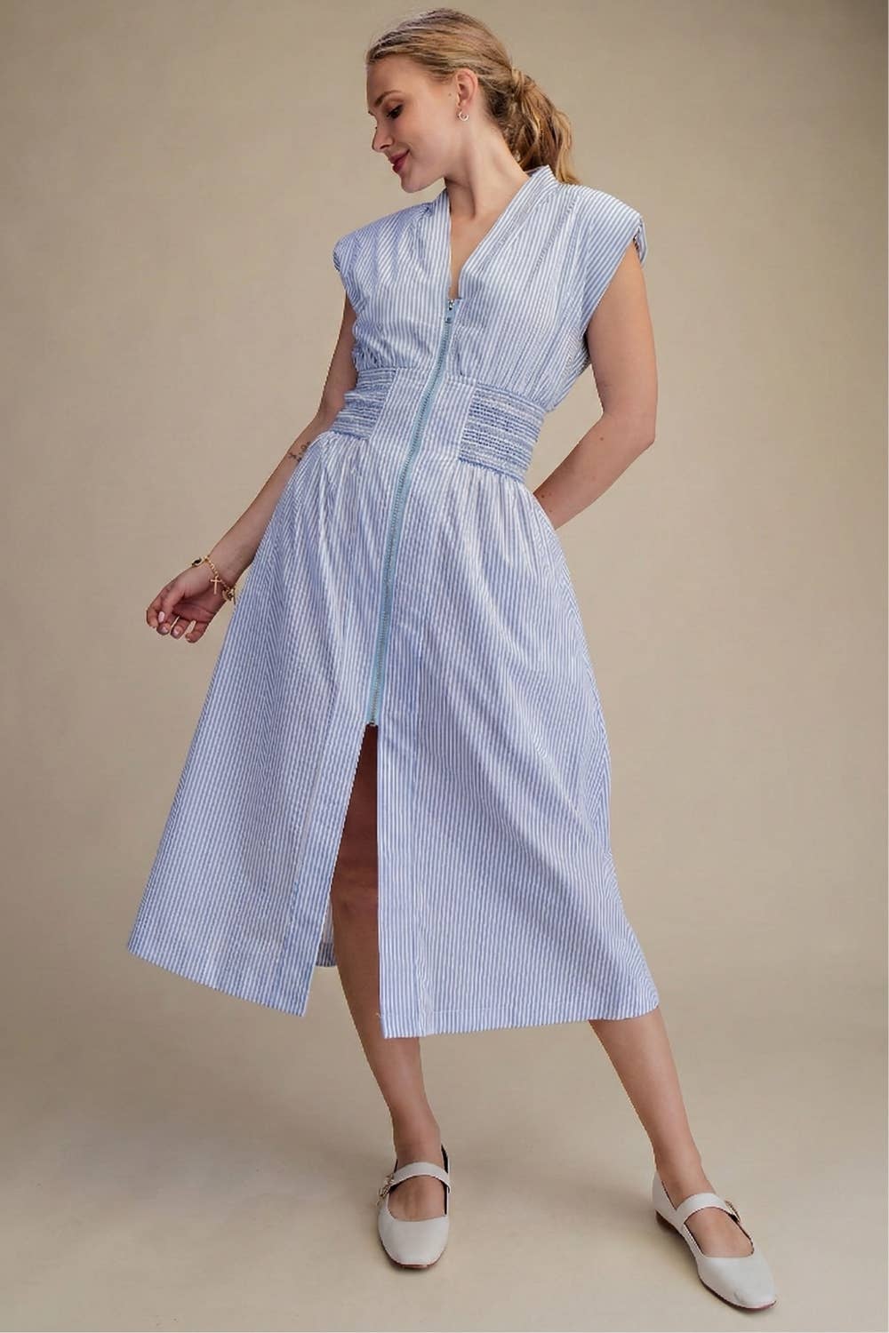 V-Neck Front Zip Waist Smocked Casual Midi Dress