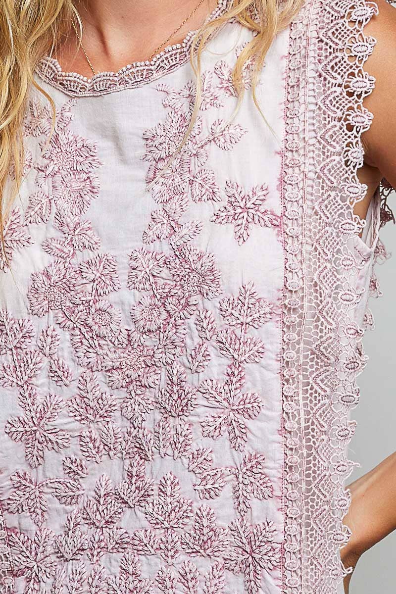 Floral Scalloped Lace Trim Embroidered Cotton Top