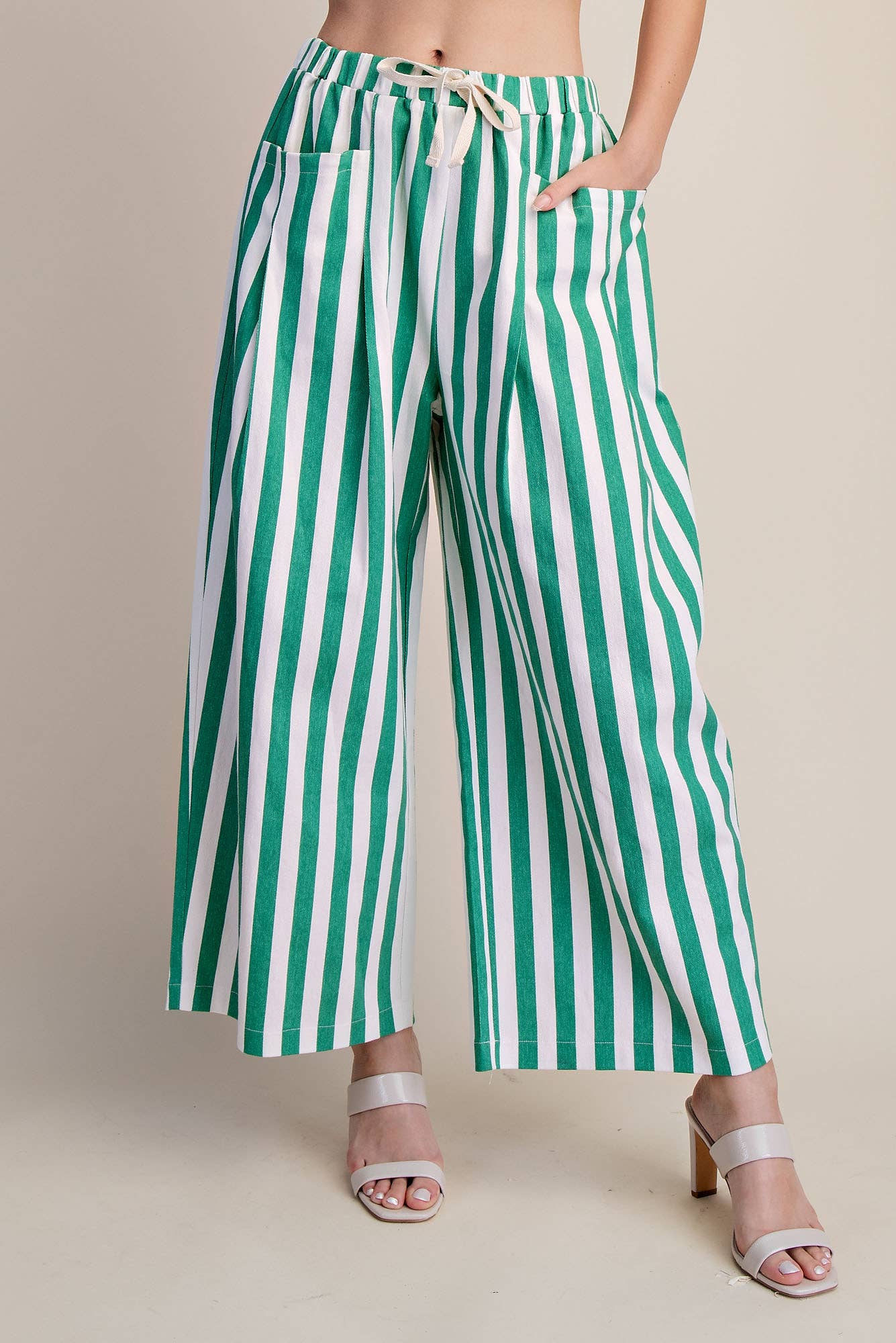 Stripe Wide Pants With Elastic Band Drawstring and Pockets