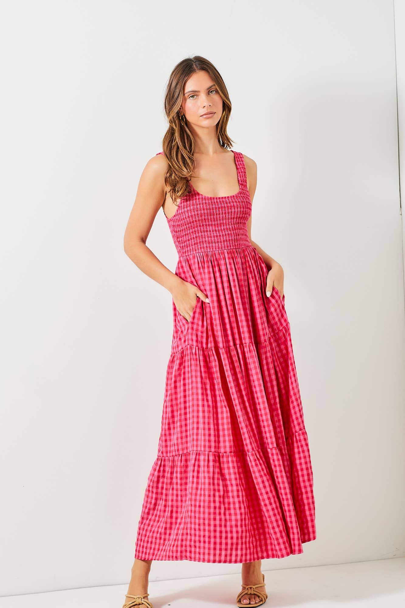 SMOCKED BODICE GINGHAM MAXI DRESS