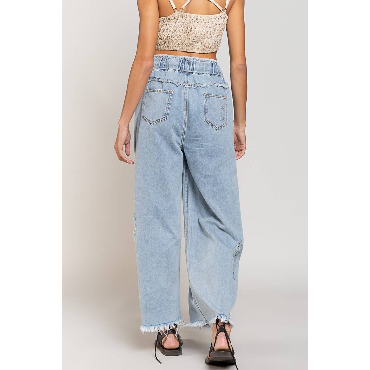 Wide Leg Drawstring Elastic Waist Distressed Denim Pants
