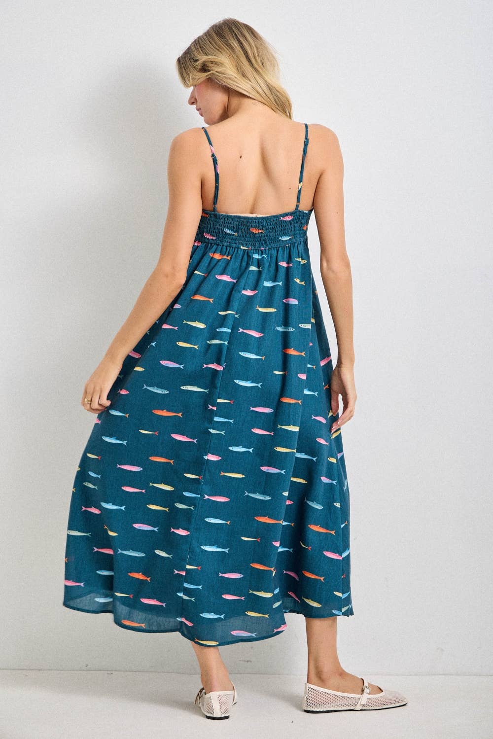 FISH PRINT SLEEVELESS MIDI DRESS