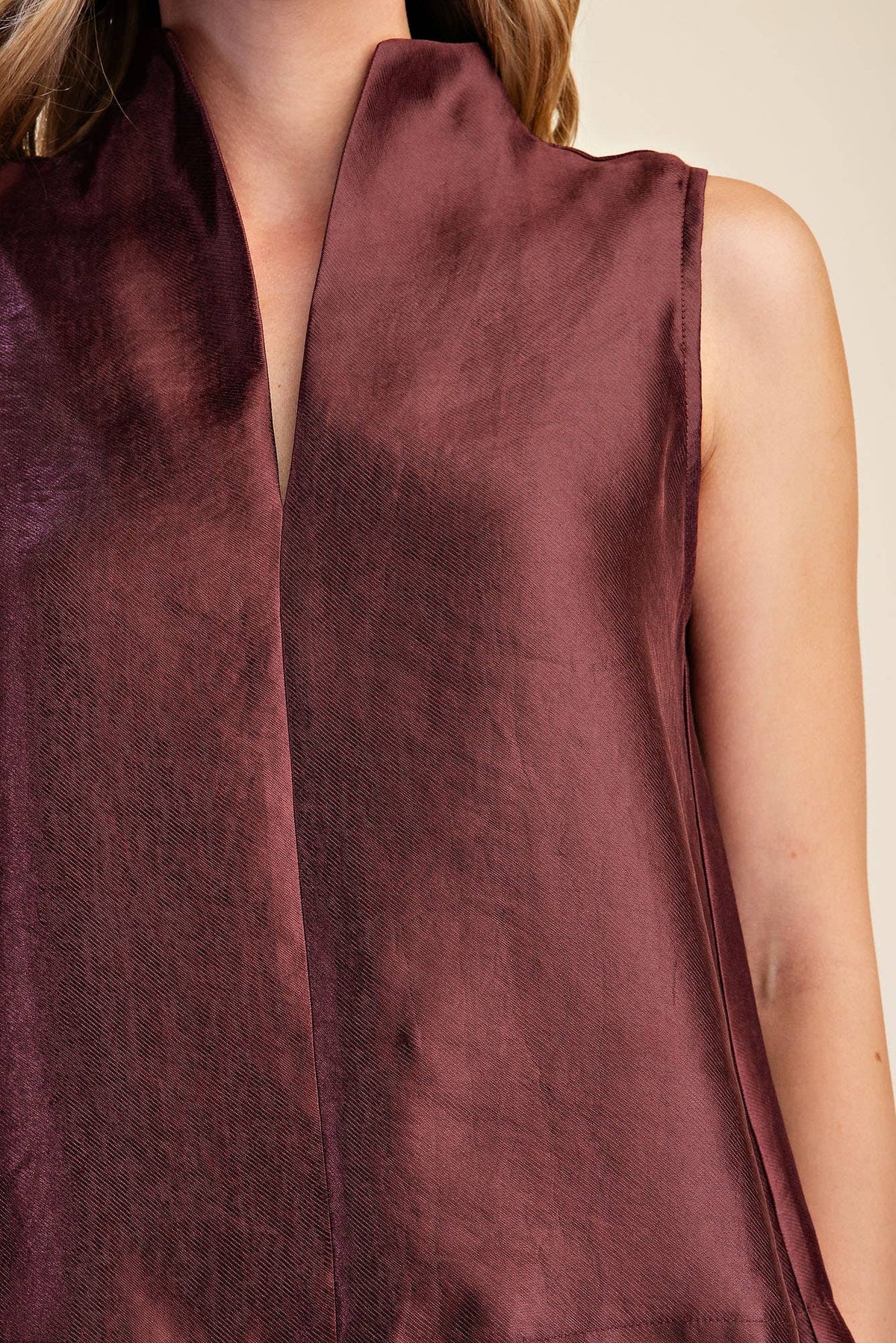 Stand Collar Slit V-Neck Sleeveless Top