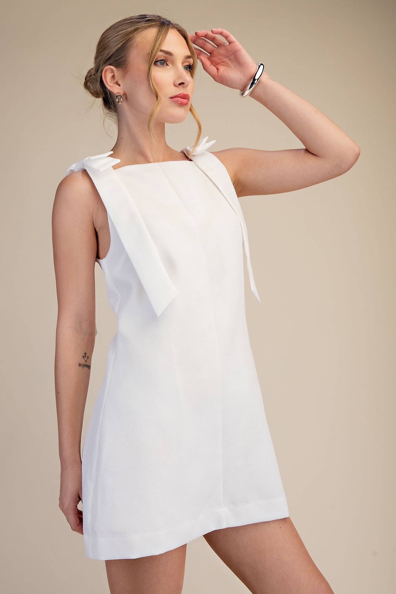 Straight Neckline Bow Mini Dress